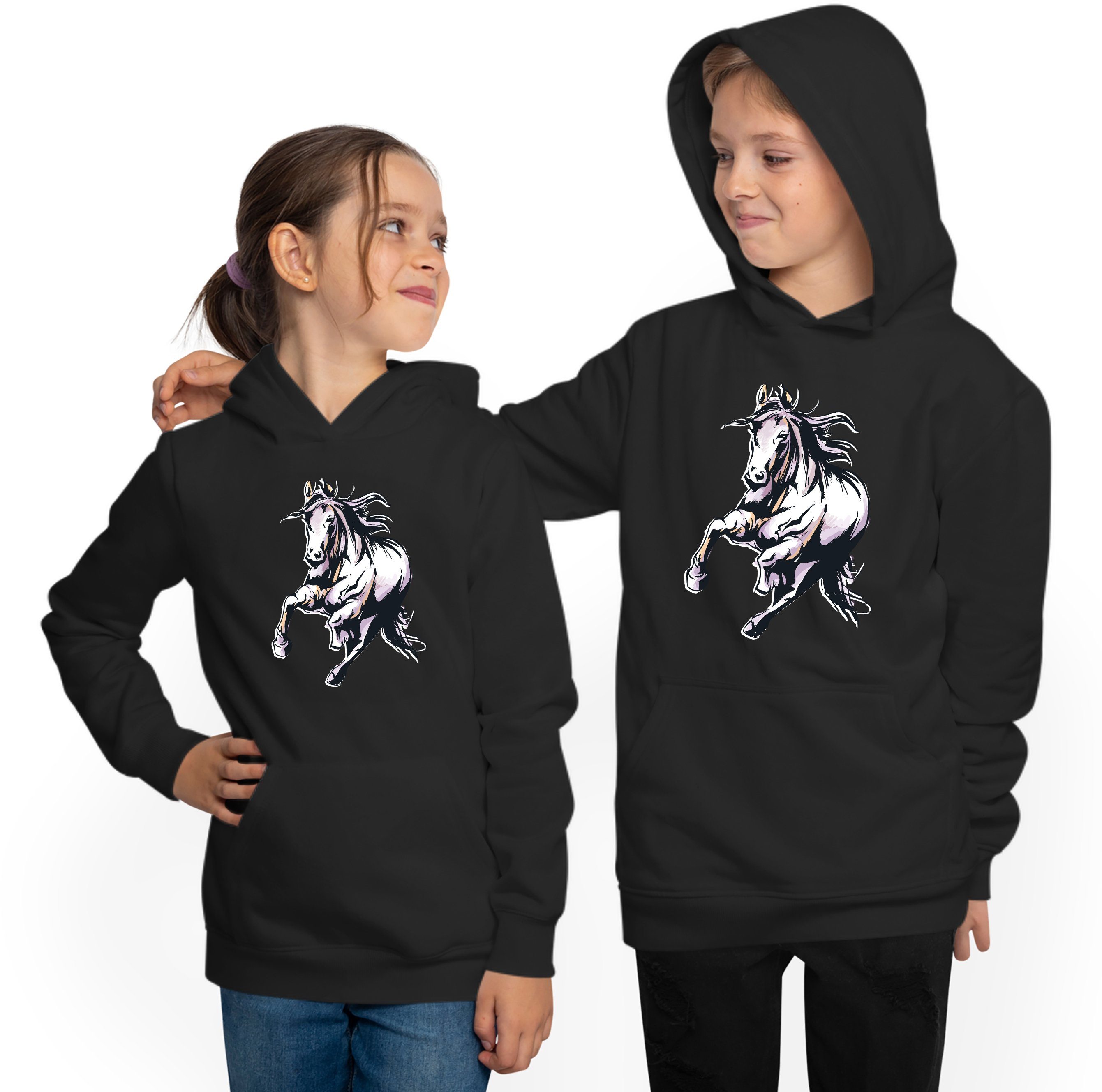 Hoodie Aufdruck, Sweatshirt Kinder mit Hoodie Pferde MyDesign24 Pferd Kapuzen Rennendes Kapuzensweater i168