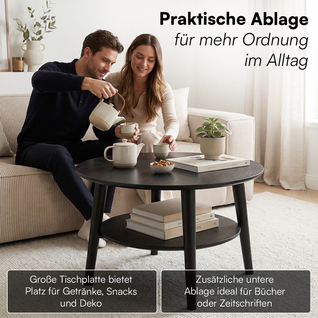 skølm Couchtisch Mjölnir aus Eiche Massivholz (Schwarz lackiert), Wohnzimmertisch Ø70 cm mit 2 Ablagen, auch in oval erhältlich