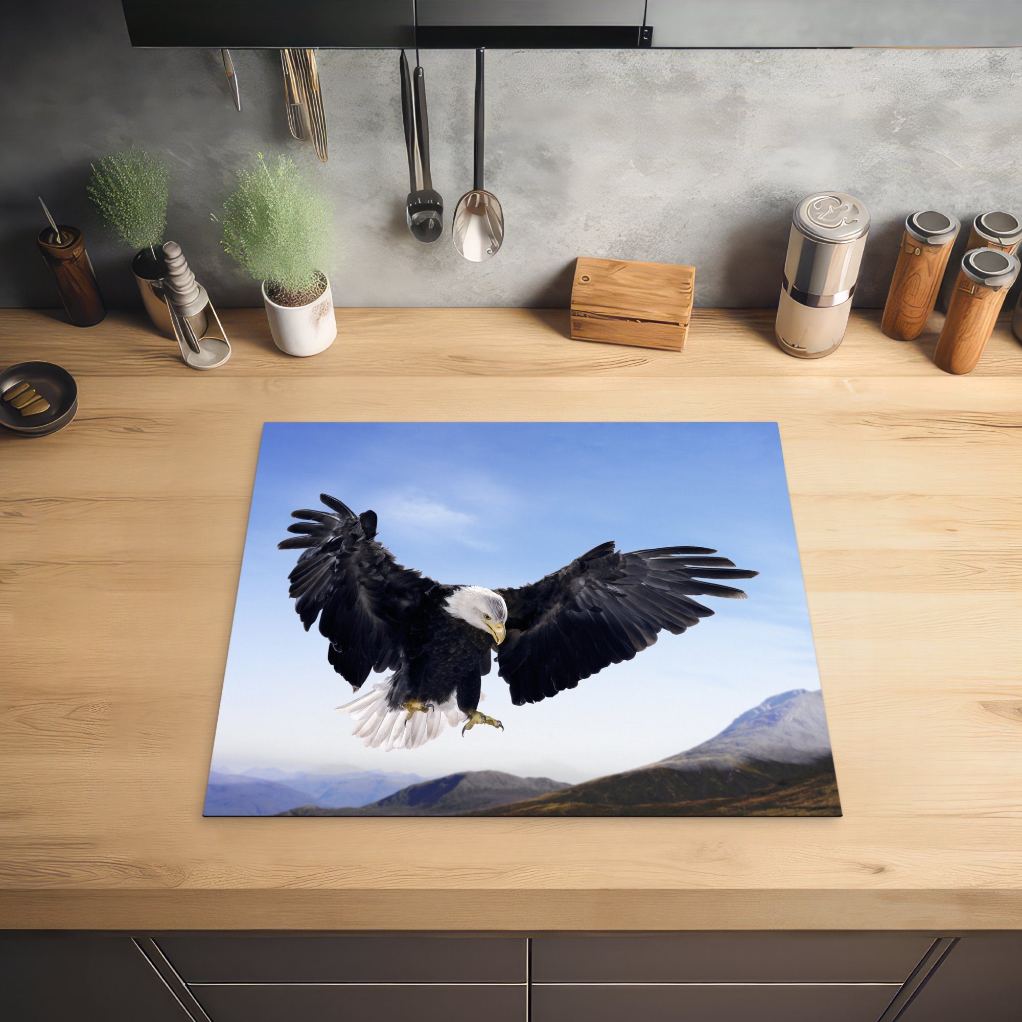 Ein Weißkopfseeadler (1 will Herdblende-/Abdeckplatte 60x52 MuchoWow Mobile Arbeitsfläche nutzbar, landen, cm, tlg), Vinyl, Ceranfeldabdeckung