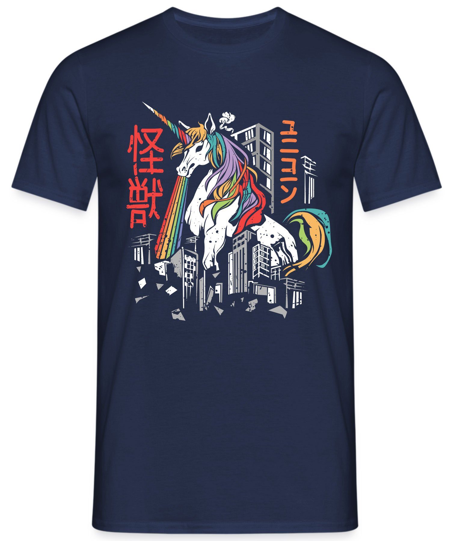 Einhorn Japanisches Formatee Quattro Kaiju Herre - Monster Japan Navy Unicorn Blau Ästhetik (1-tlg) Kurzarmshirt Anime