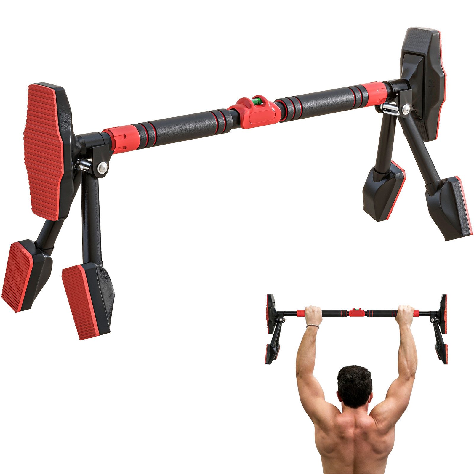 BlingBin Klimmzugstange Heimtrainingsgeräte verstellbar 80-110cm für die Tür mit Wasserwaage (1er Set, 1-tlg., 110cm x 14cm x 28cm), für Zuhause, ohne Schrauben, 6-Punkt-Unterstützung