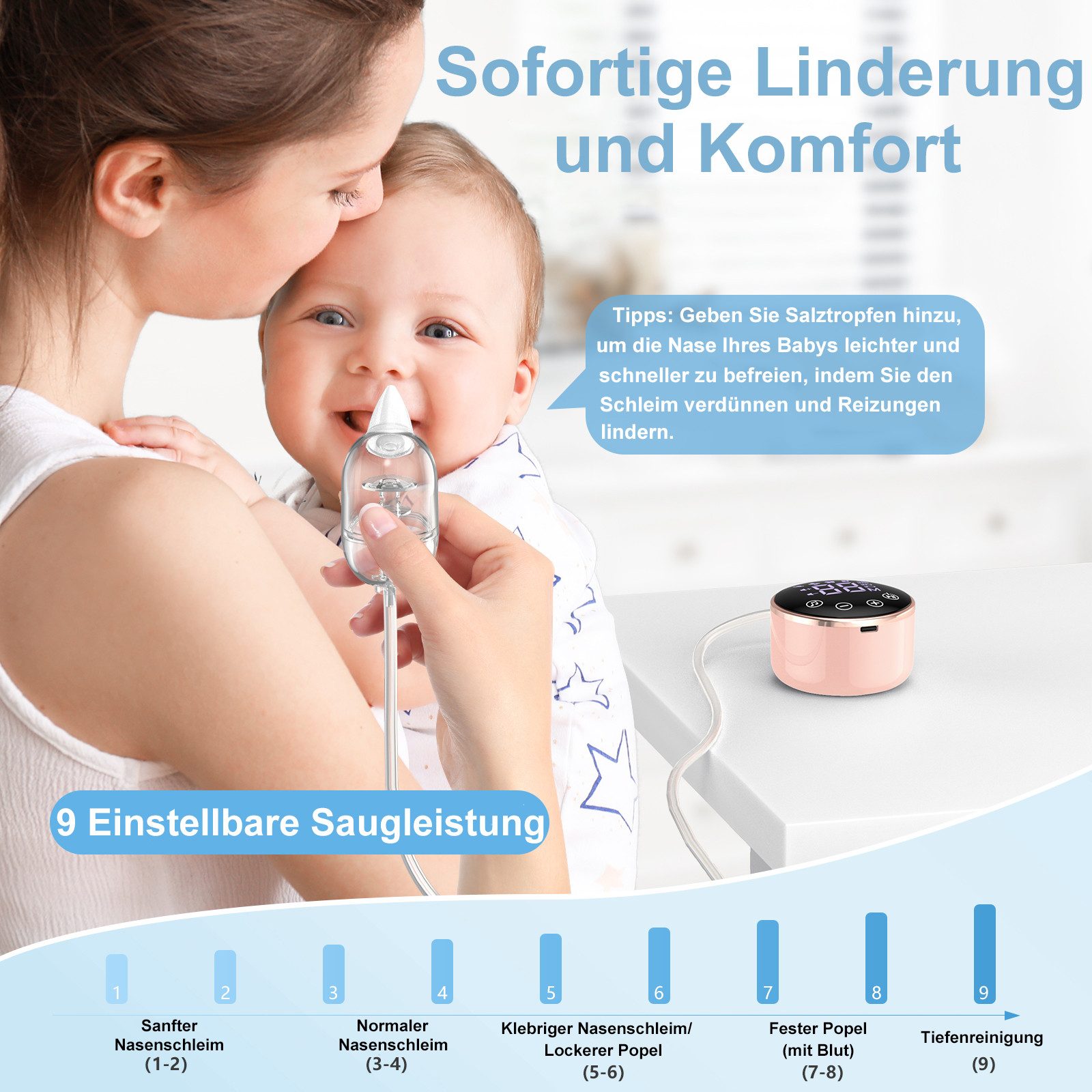 Luckice Nasensauger Elektrischer Nasensauger für Babys–9 Saugstufen,3 Aufsätze, BPA-frei, leise, mit Musikfunktion–Sanfte Nasenreinigung für Neugeborene & Kleinkinder