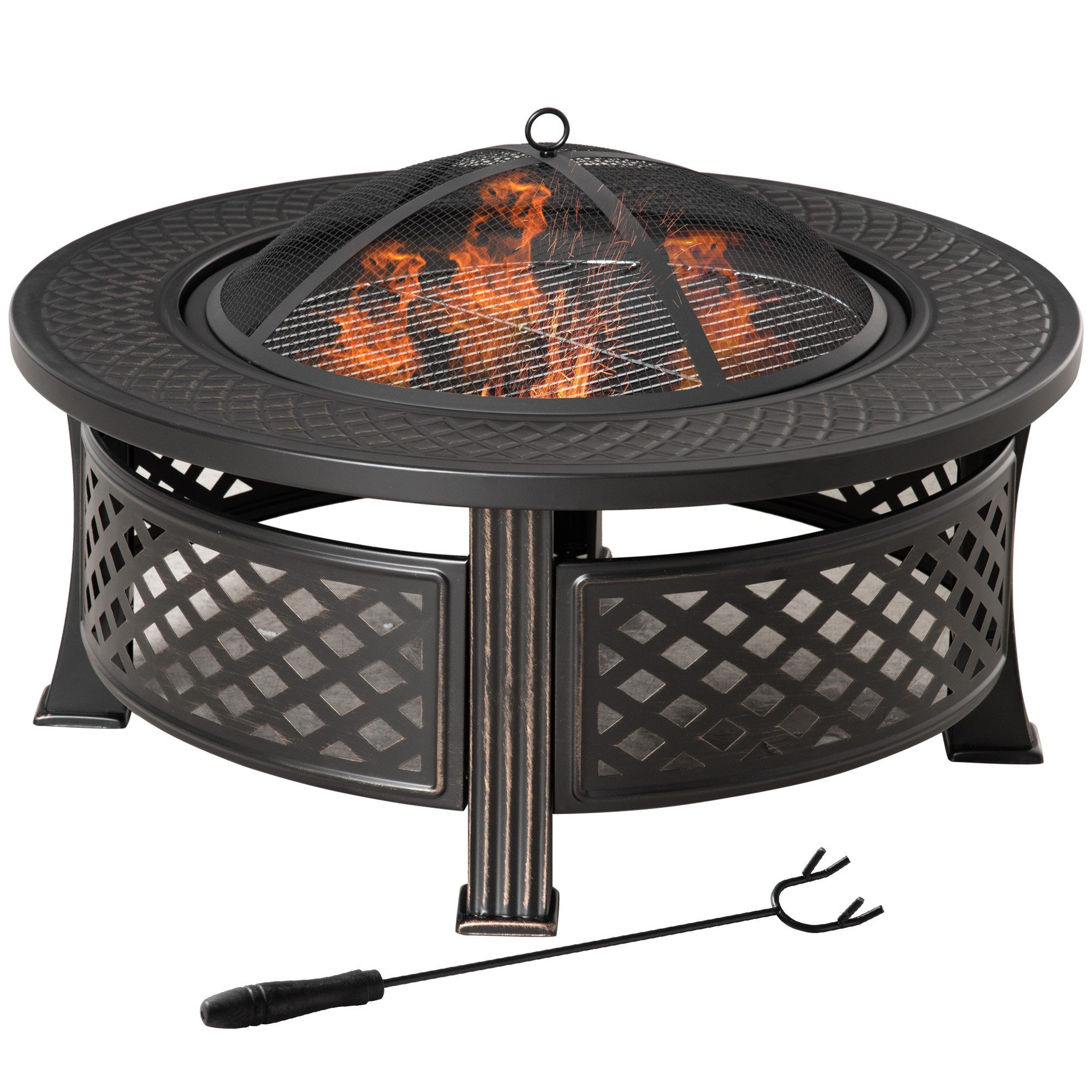 Outsunny Fire Bowl for Garden, Camping, BBQ (Spark Guard, 1 pc., Fire Bowl with Poker), Steel Black 81 x 81 x 50 cm