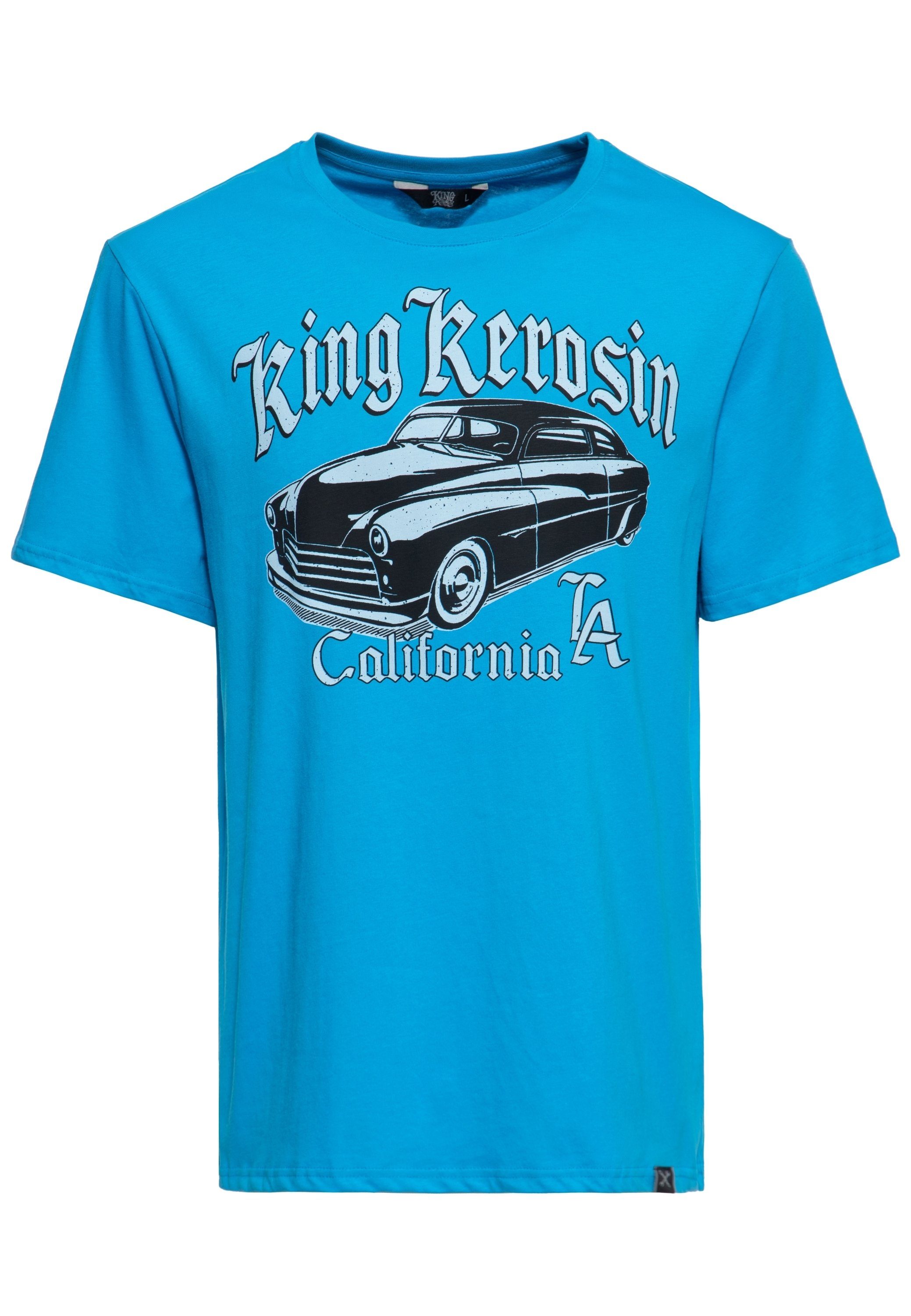 KingKerosin Print-Shirt California Greaser (1-tlg) Front Print im Retro Muscle-Car Look blau