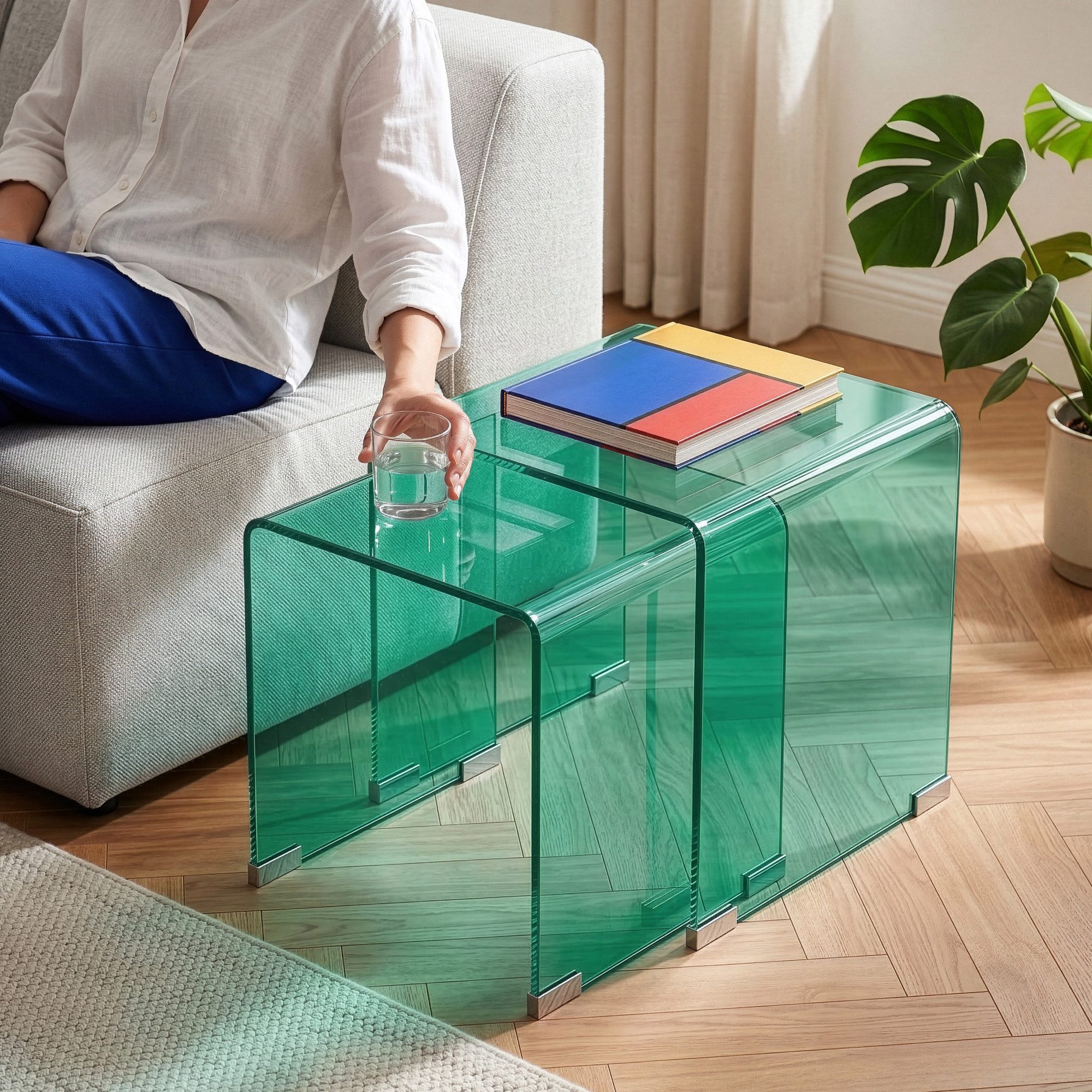 en.casa Satztisch, »Kariengem« 2-tlg. Couchtisch-Set Glastischen Grün