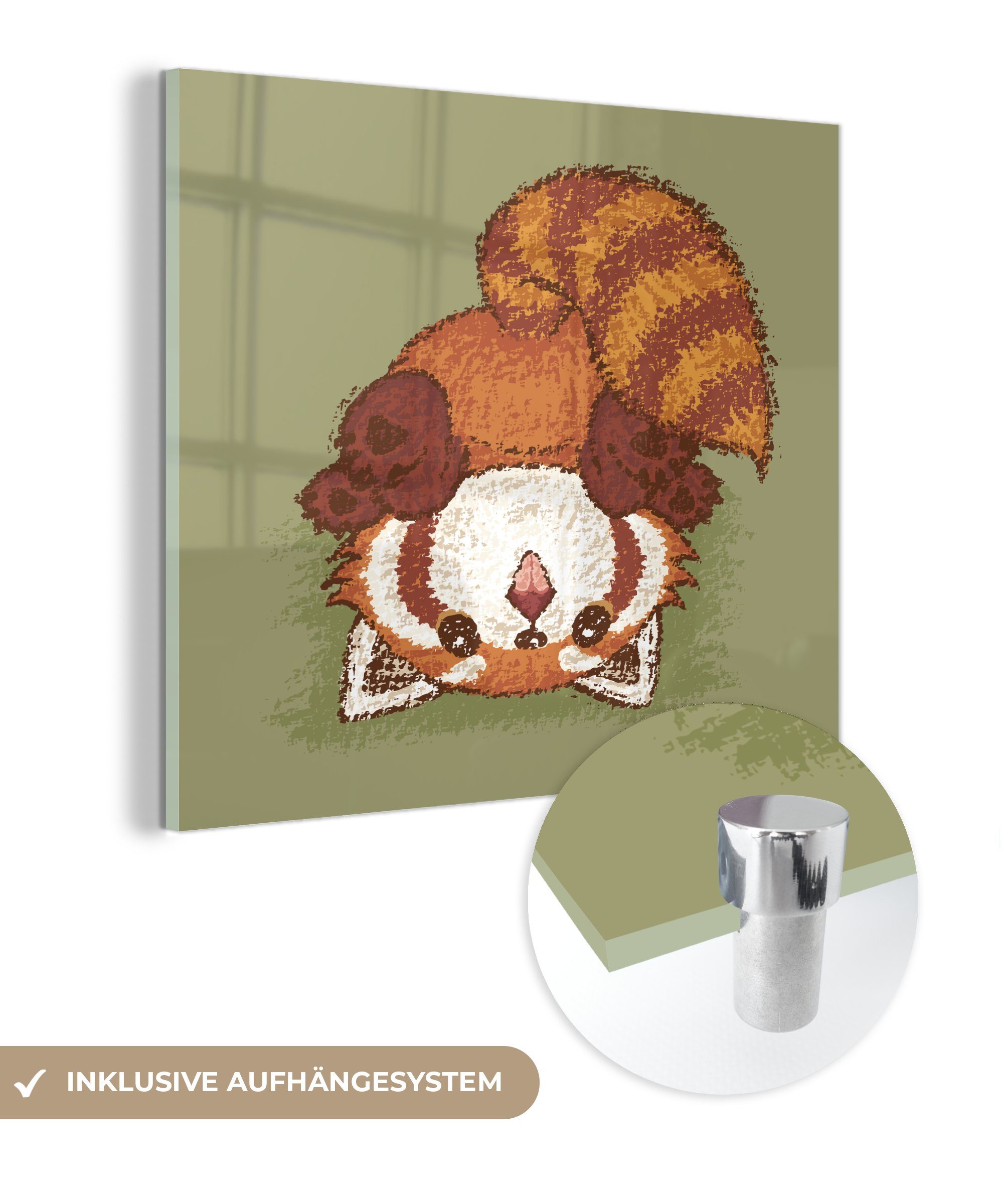 MuchoWow Acrylglasbild Illustration Glasbilder Bilder Glas auf - Glas St), Pandas roten stehend, dem eines Wandbild Wanddekoration - auf auf Foto Kopf - (1