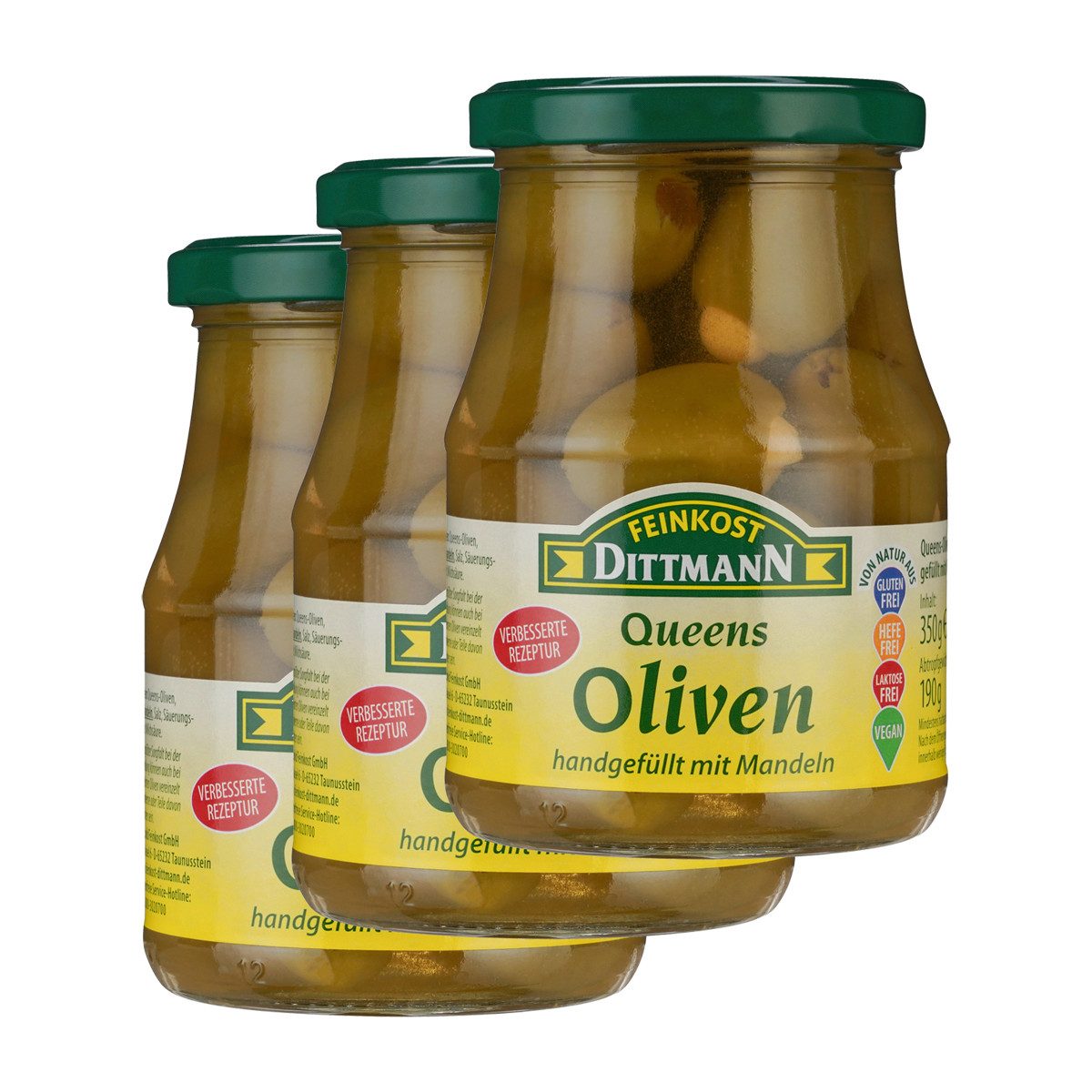 Feinkost Dittmann Gemüsekonserve, Feinkost Dittmann Queensoliven gefüllt mit Mandeln 370g 3er Pack