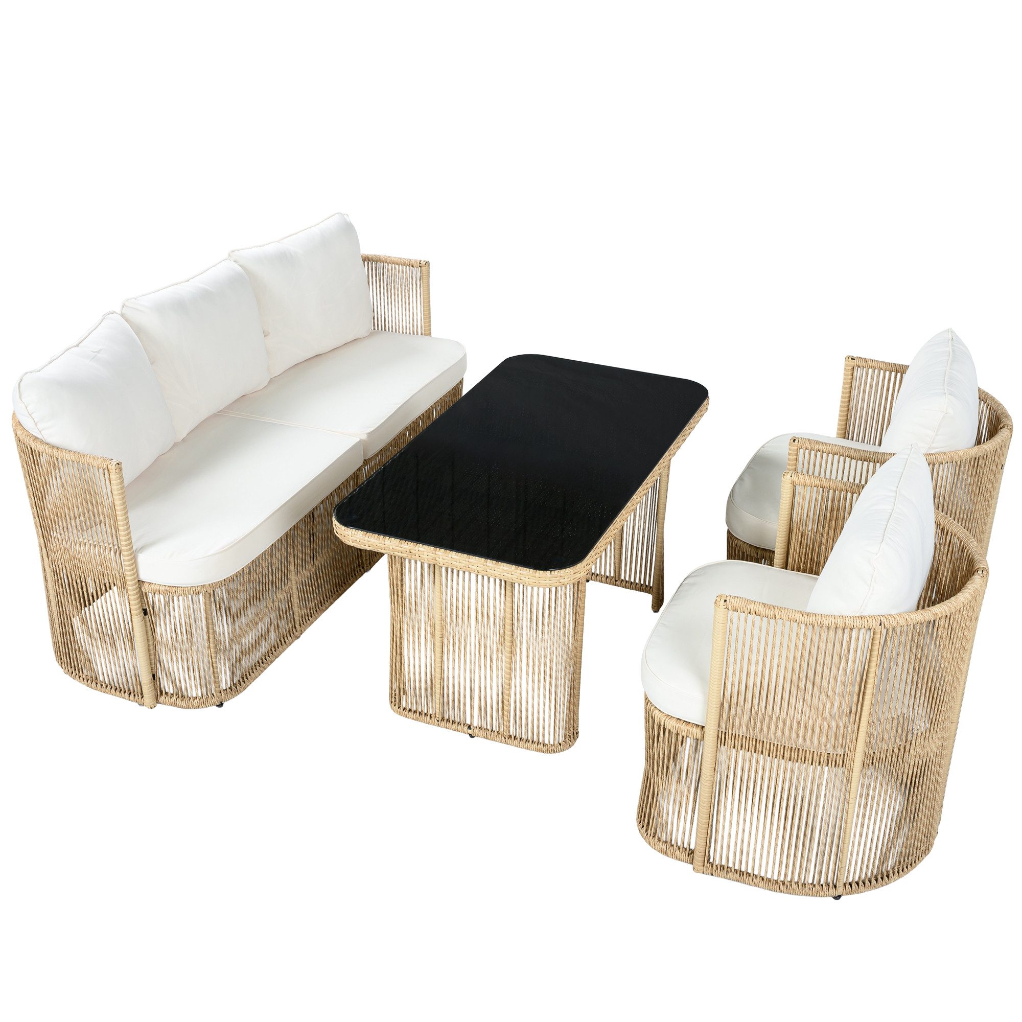 Refined Living Gartenlounge-Set Polyrattan Lounge Set 4-teilig Gartenmöbel wetterfest Glastisch, (4-teilig, 3-Sitzer Sofa + 2 Sessel + Glastisch, PE-Rattan wetterfest UV-beständig, Eisenrahmen stabil, dicke Sitz- & Rückenkissen, 1-tlg., Farben Beige/Schwarz/Weiß, für Balkon, Terrasse, Garten, Poolbereich), zeitlose farbgebung, modern, platzsparend, komfortabel