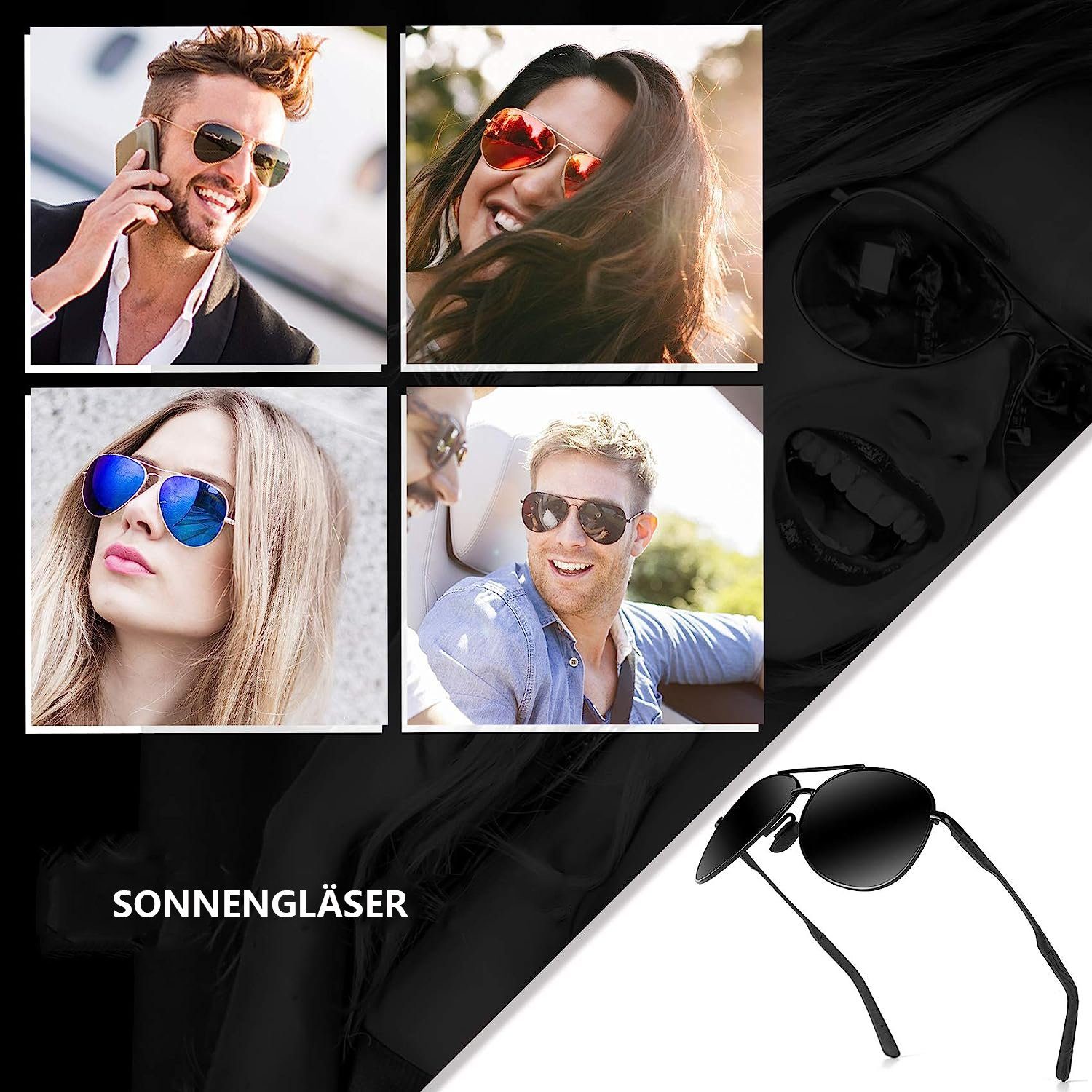 Jormftte Sonnenbrille Retro Schwarz Pilotenbrille für Sonnenbrille Herren UV400 Polarisierte Damen