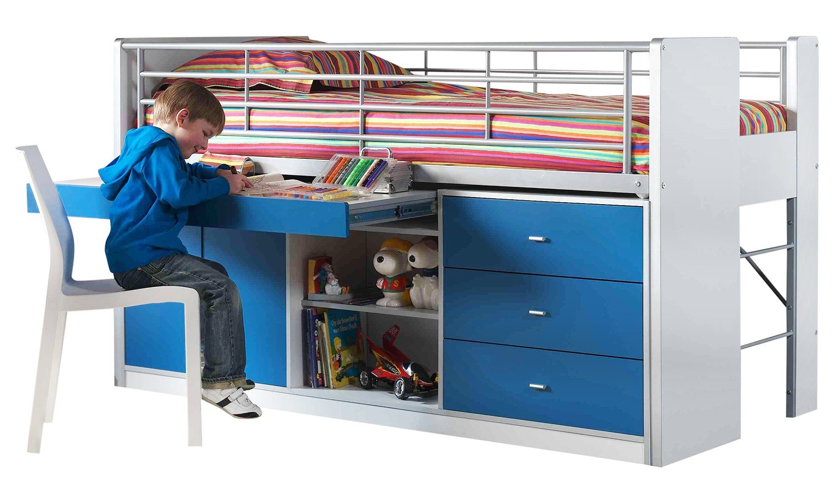 Kindermöbel 24 Hochbett Jax weiß - blau inkl. Schreibtisch