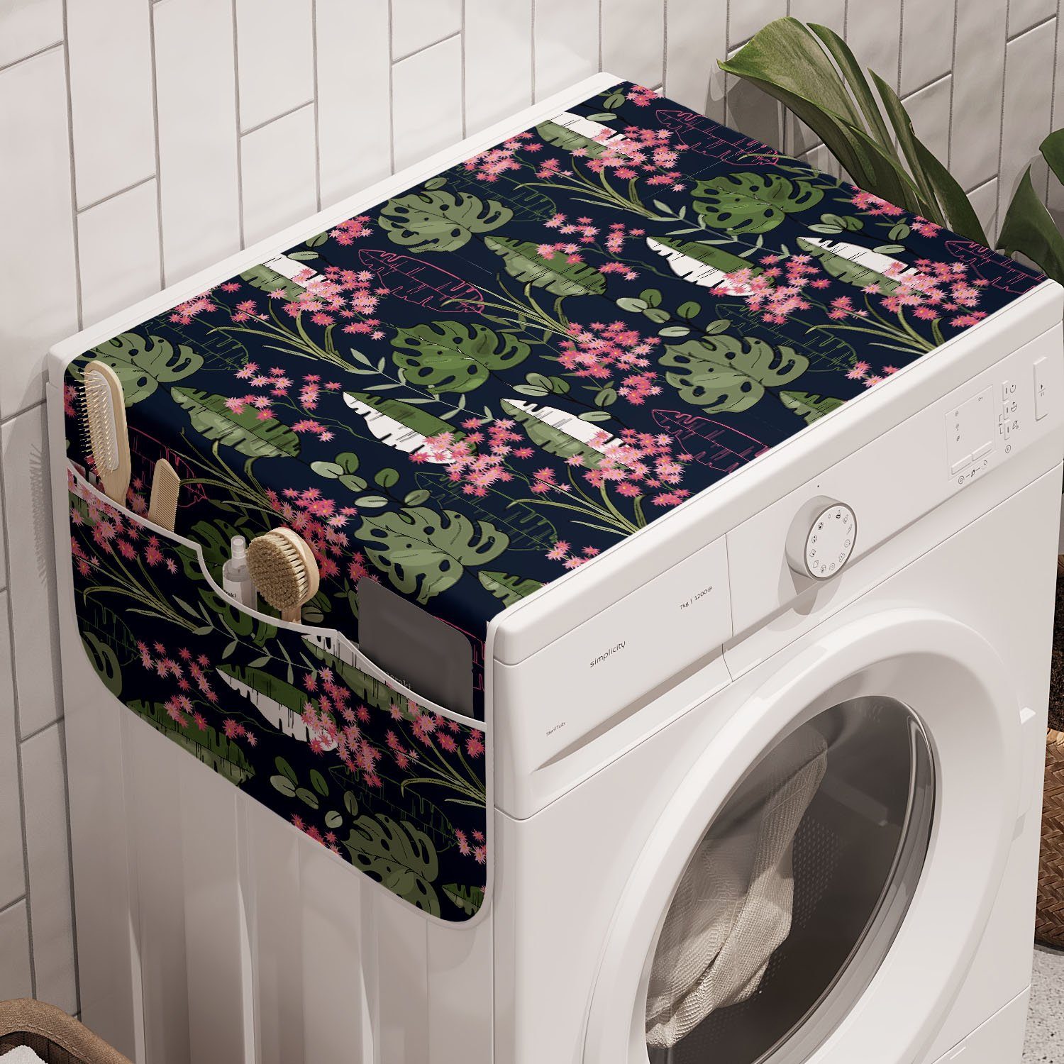 Abakuhaus Badorganizer Anti-Rutsch-Stoffabdeckung für Waschmaschine und Trockner, Botanisch Rosa tropische Blumen