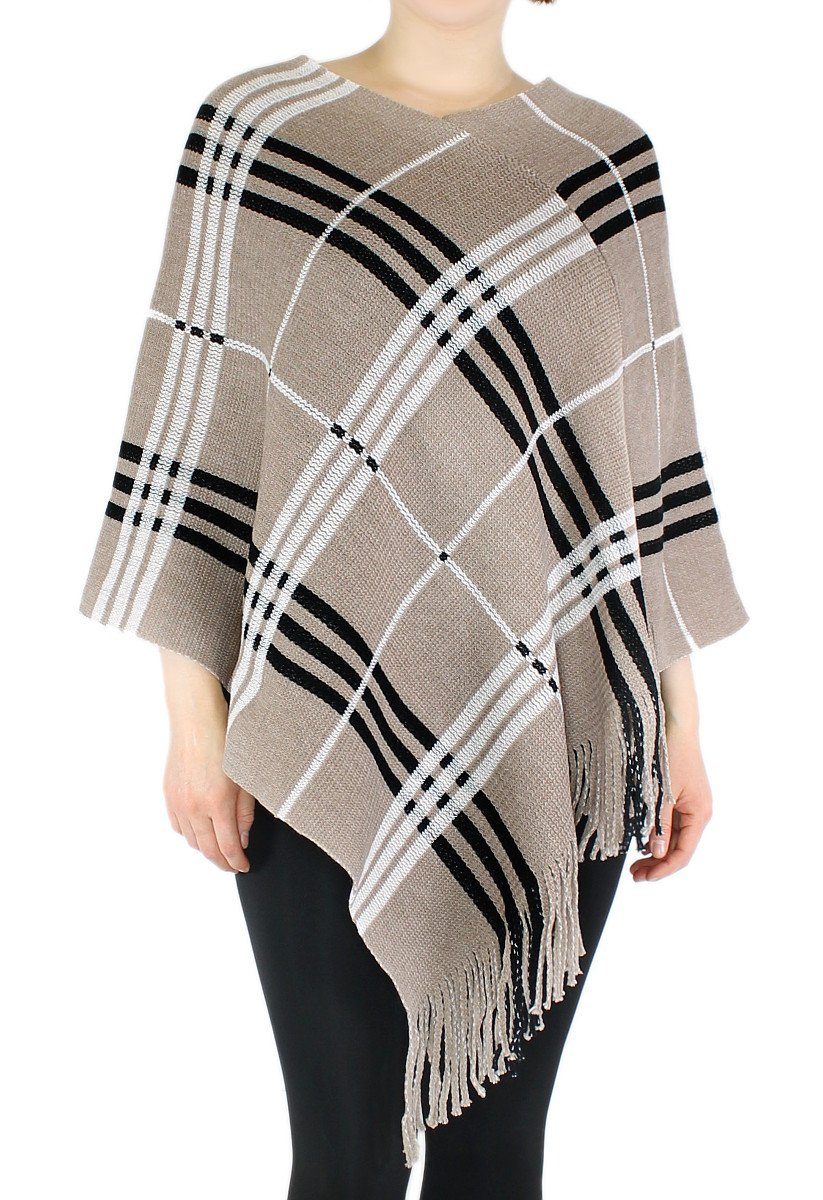 dy_mode Strickponcho Damen Strick Poncho Kariert Fransenponcho Überwurf Cape Pullover in Karo Muster, mit Fransen