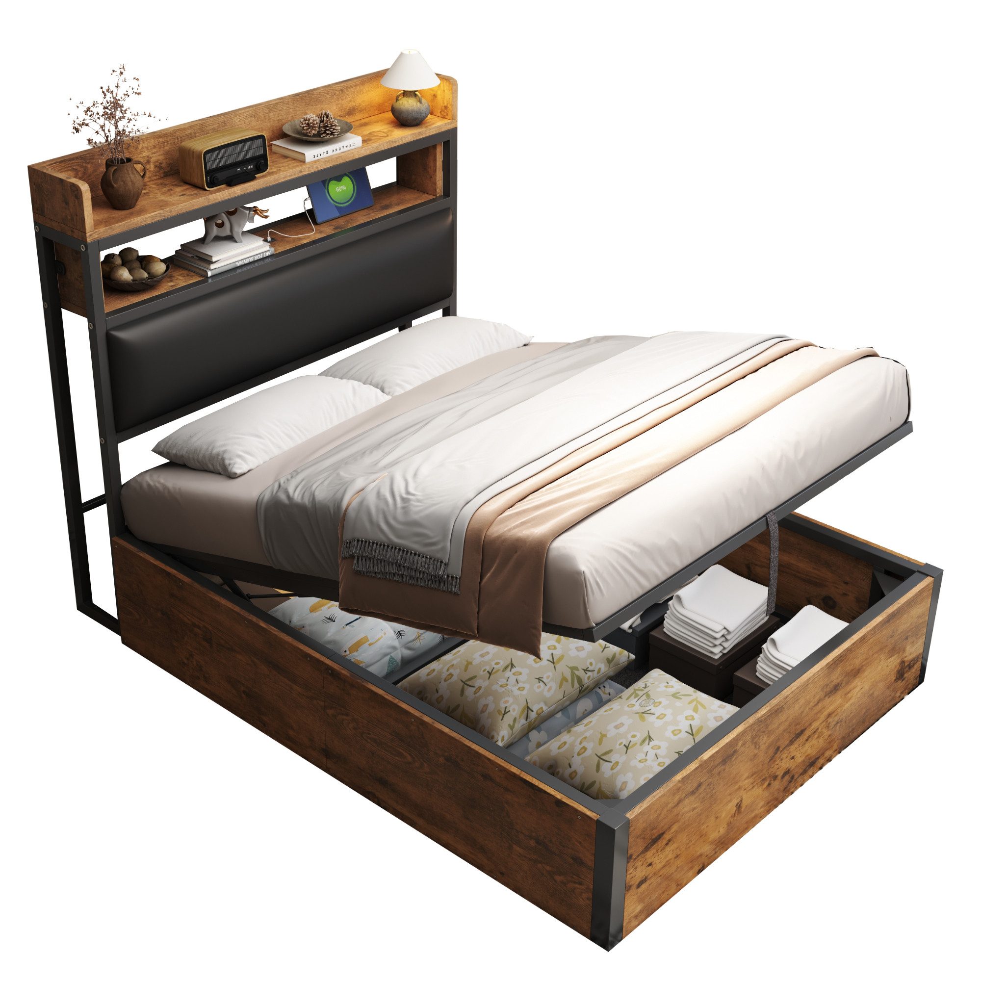OKWISH Polsterbett Stauraumbett Funktionsbett (mit hydraulischem Stauraum, USB-Anschlüssen, gepolstertem Kopfteil und Retro-Design aus Holz & Metall, ideal für moderne Schlafzimmer und Apartments 90x200 cm), ohne Matratze