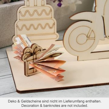 Kreative Feder Geburtstagskarte 3D Geldgeschenk-Aufsteller „Moped“ zum Geburtstag, originelle Geldgeschenk-Deko aus Holz
