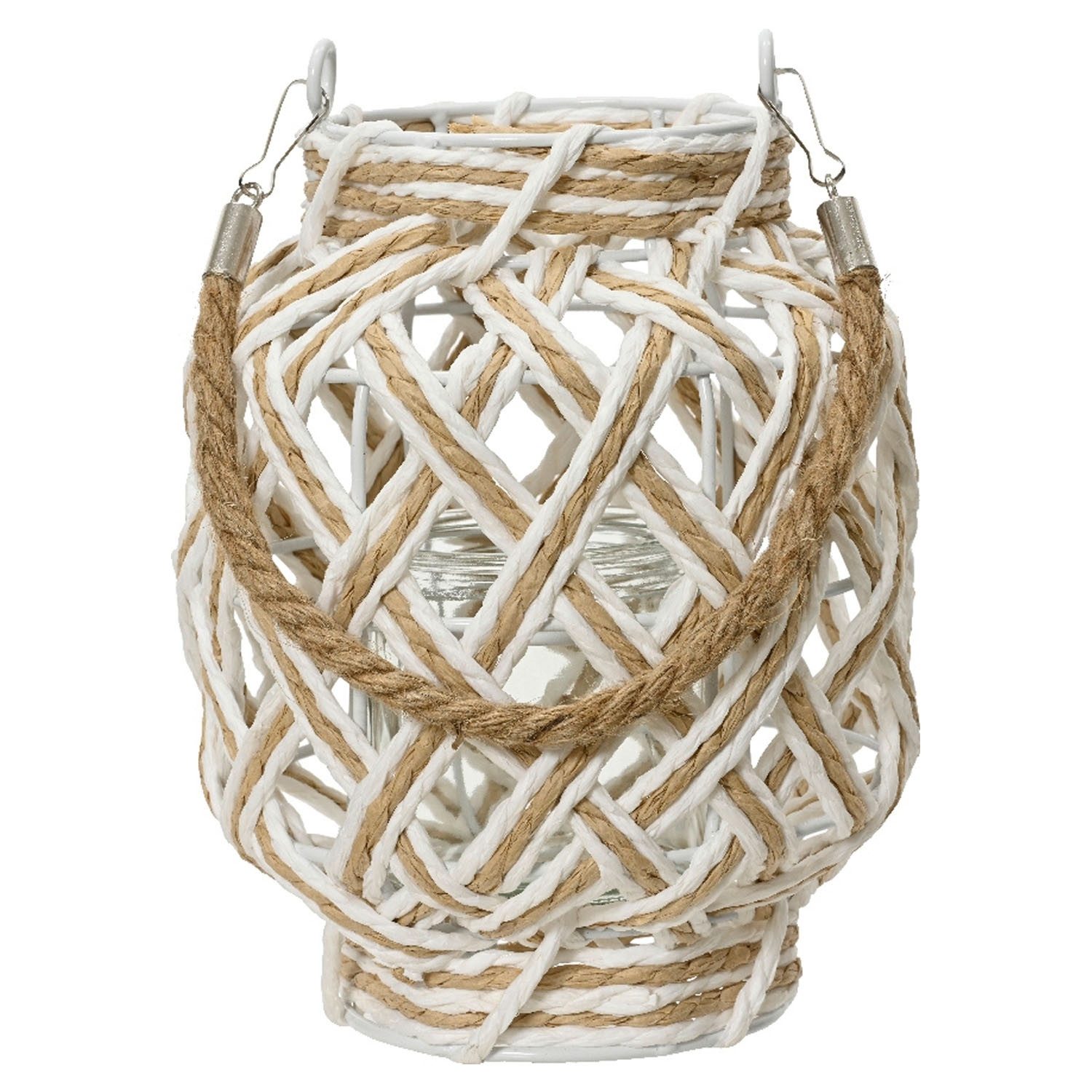 Windlicht ELANI, Ø 16 cm, H 20 cm, Weiß, Braun, (1 St), Papierseile, Metall, Windlichtglas, mit Seilgriff