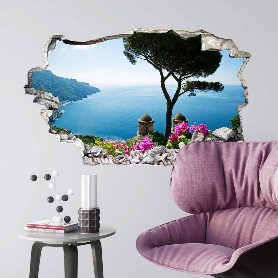 K&L Wall Art Wandtattoo 3D Wandtattoo Aufkleber Natur Fotografie Wandsticker  Amalfiküste Panorama, Mauerdurchbruch Wandbild selbstklebend