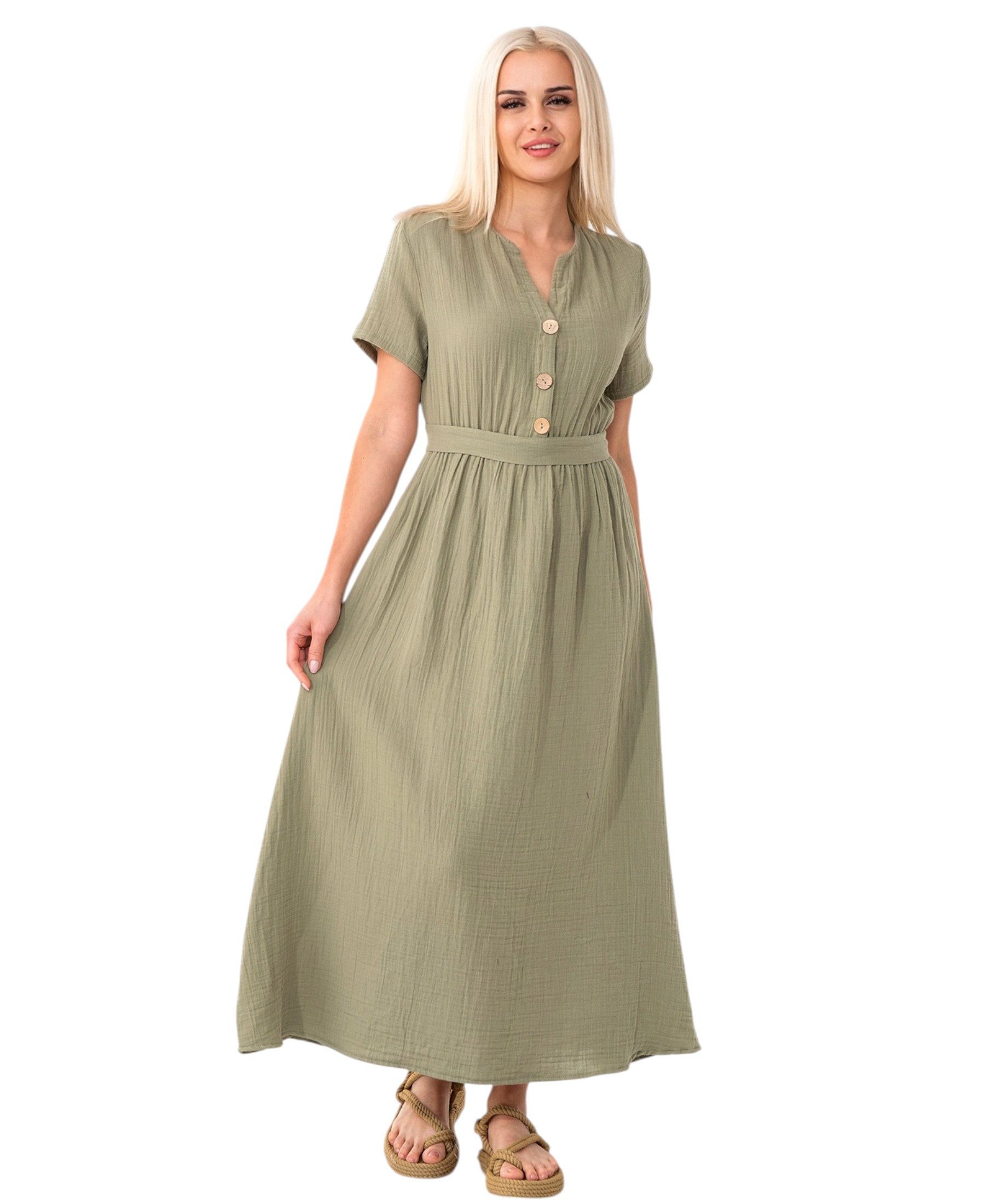 WENOR Sommerkleid Musselin Boho Kleid mit Knopfleiste & Taillenband, Freize günstig online kaufen