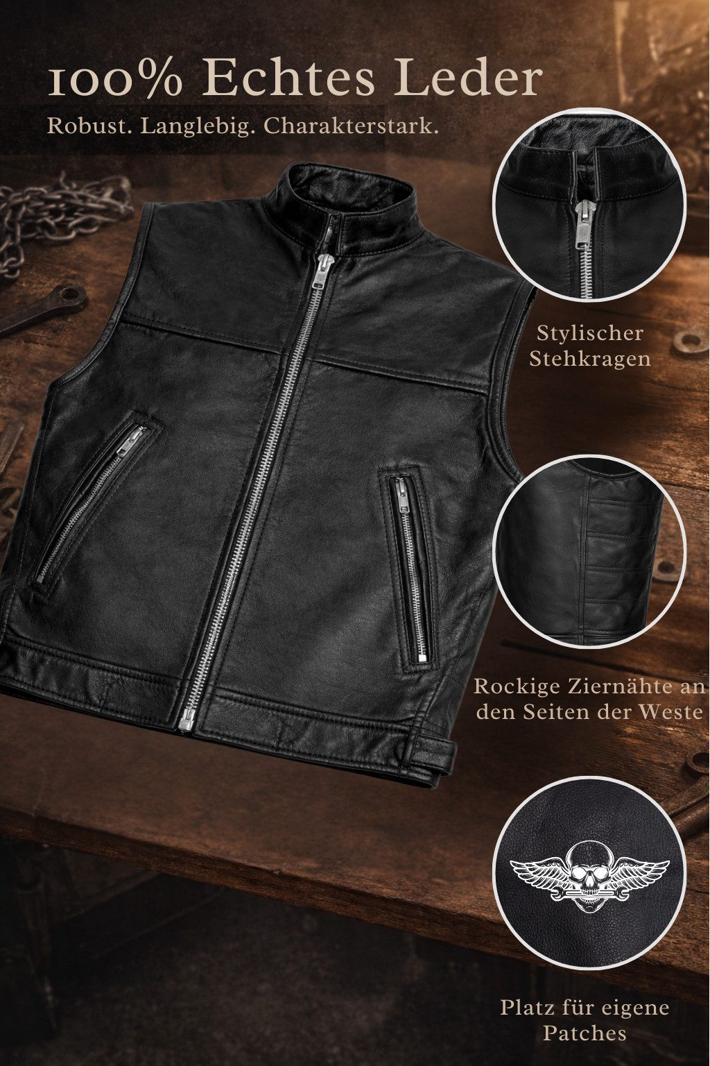 PAULGOS Motorradweste Lederweste Biker Kutte Clubweste Chopper Weste 100% Echtleder - BW8