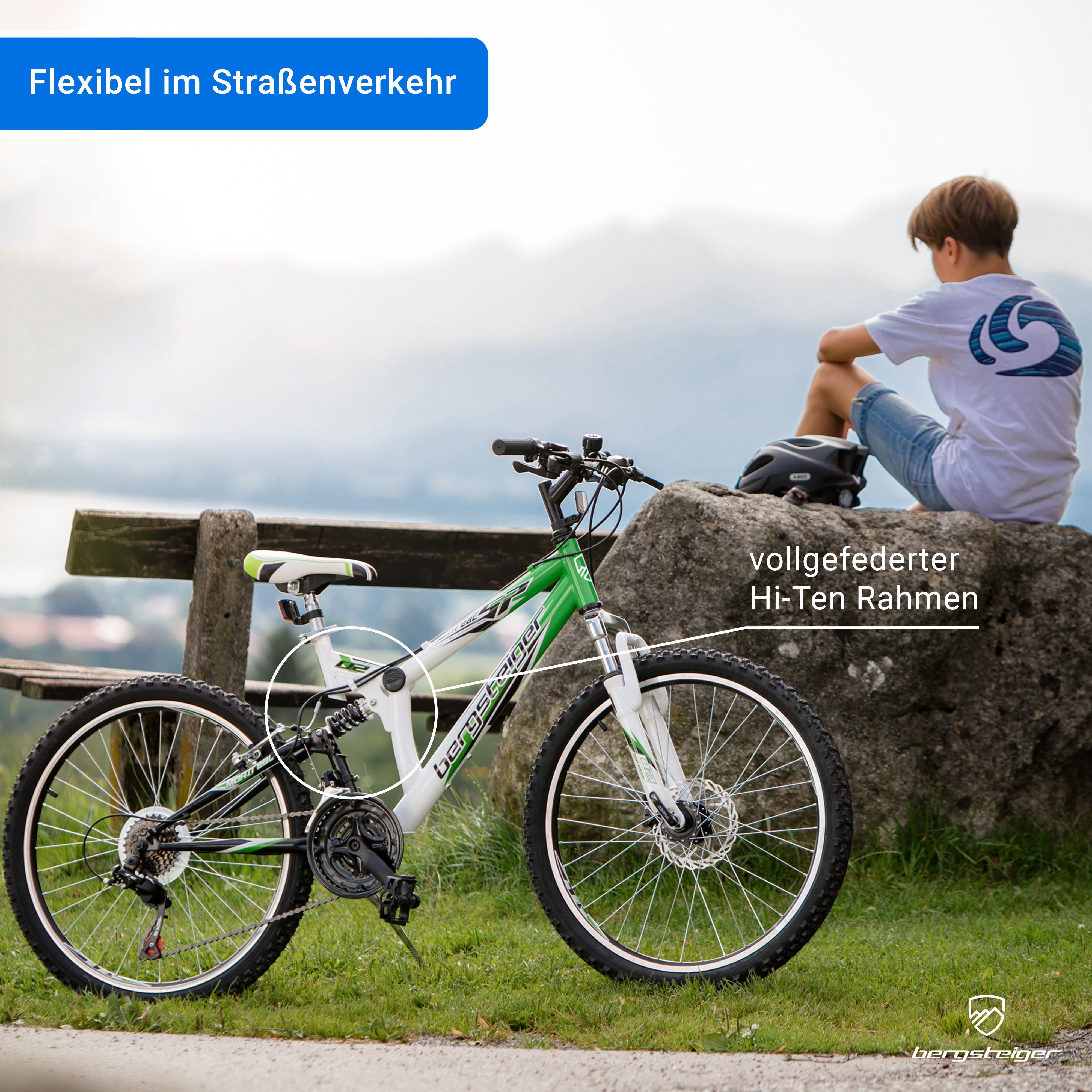 bergsteiger Mountainbike Montreal 20, 24 Zoll Kinderfahrrad, 6 - 13 Jahre, Mädchen, Jungen, 18 Gang Shimano Tourney RD-TZ50 Schaltwerk, Kettenschaltung, Scheibenbremse, V-Brake