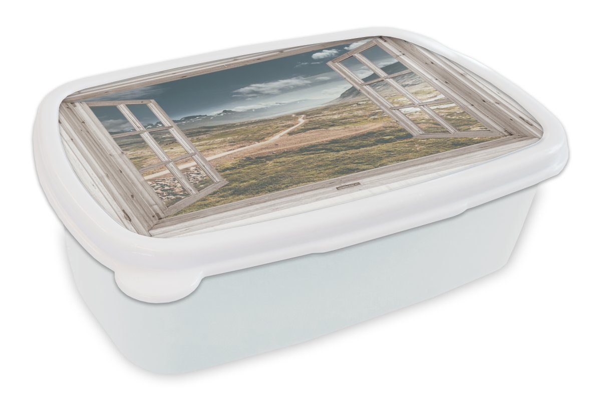 MuchoWow Lunchbox Aussicht - Berg - Holz, Kunststoff, (2-tlg), Brotbox für Kinder und Erwachsene, Brotdose, für Jungs und Mädchen weiß