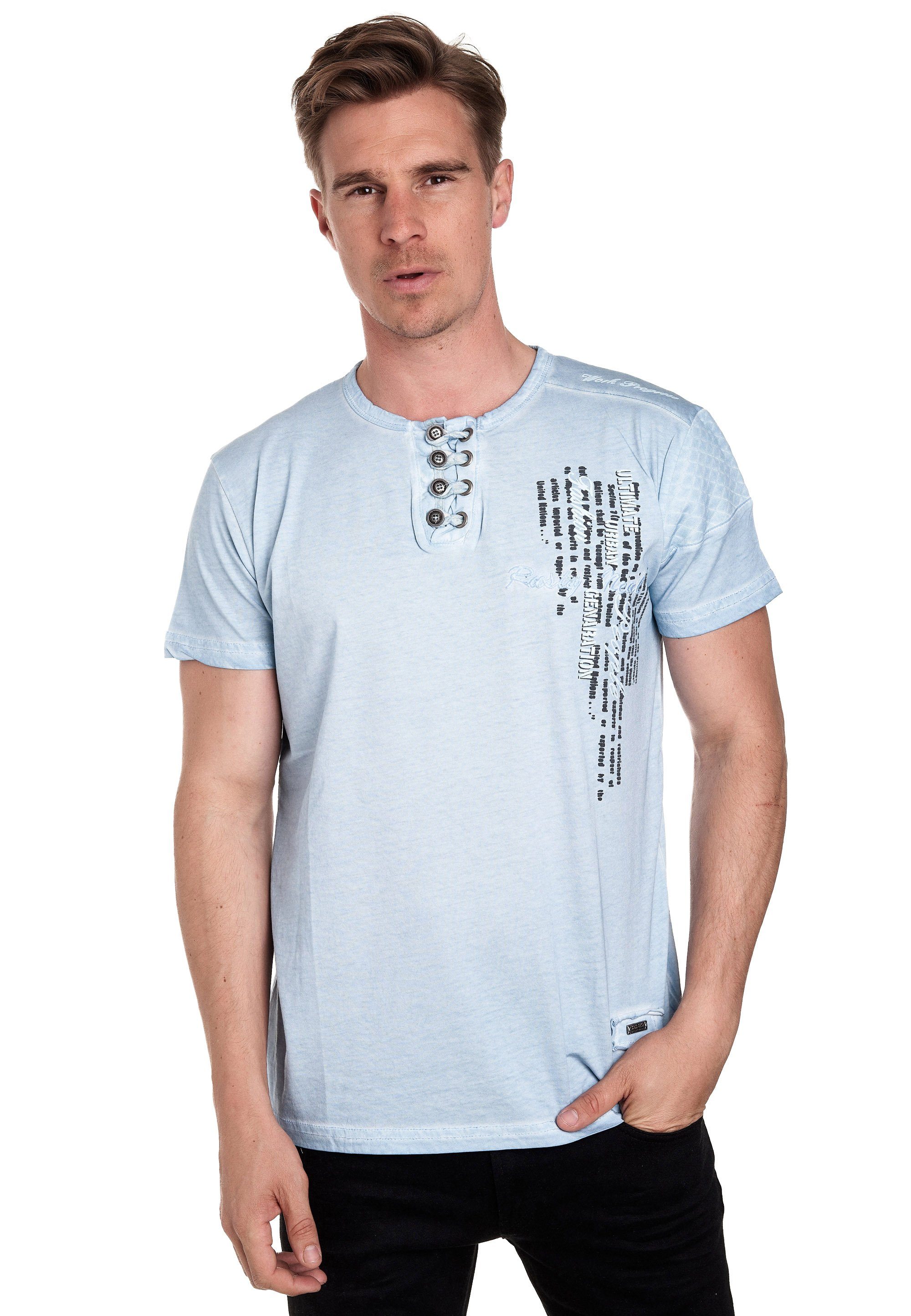 Rusty Neal T-Shirt mit schicker Knopfleiste hellblau