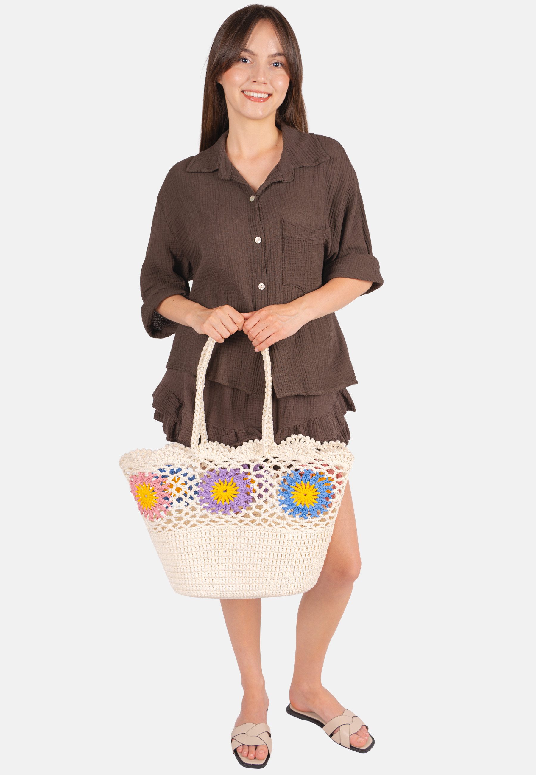 Seasons of April Korbtasche SUNNY, Häkeltasche Strandtasche Damen Sommer Blumen, Boho Shopper Sunny