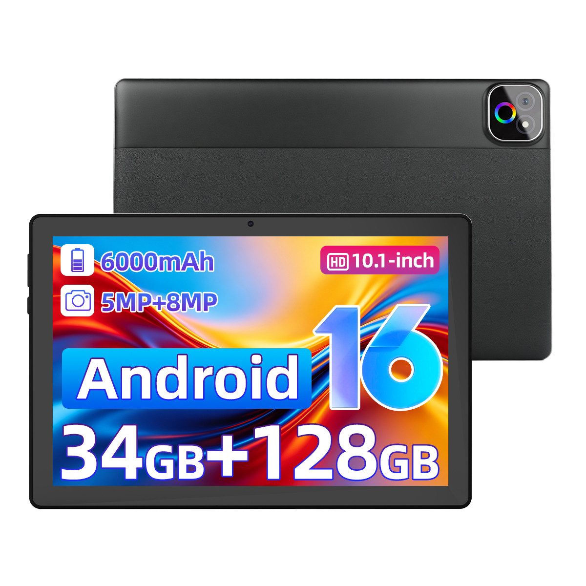 Happybe 10,1'' Octa-Core, 6000 mAh, HD 1280x800, 34GB/36GB RAM, 128GB/256GB Tablet (10.1", 128 GB, Android, Android 16, Gemini KI-Assistent, Widevine L1)