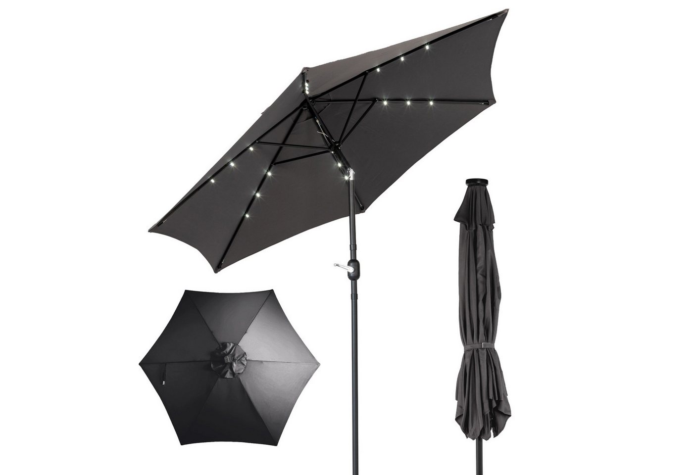 LALAHO Sonnenschirm Gartenschirm Ø266cm mit Solar LED Beleuchtung, Kurbel & Neigefunktion, 6 Stahlrippen UPF50+ Terrassenschirm für Garten, Terrasse