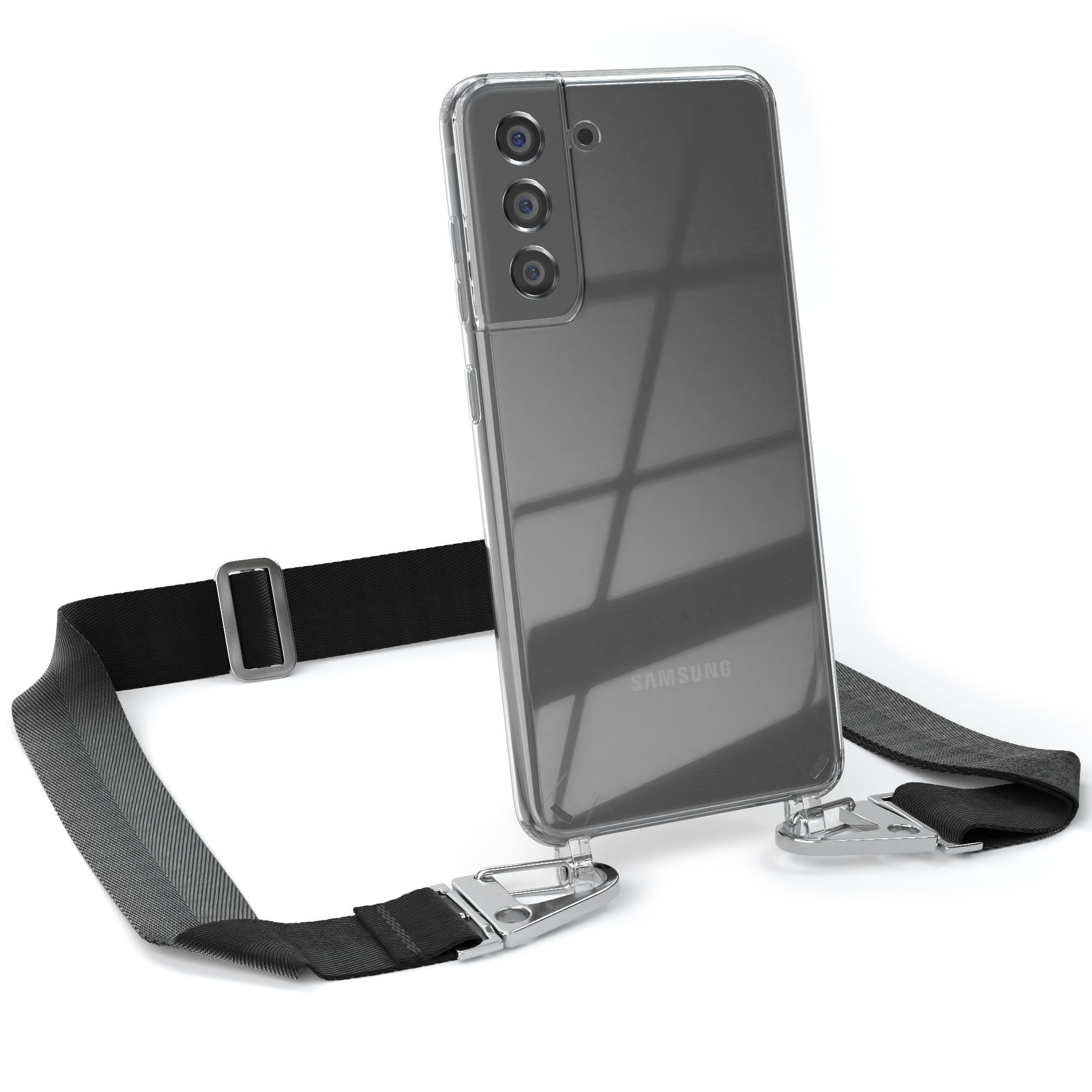 EAZY CASE Handykette Silikon Kette Karabiner für Galaxy S21 FE 5G 6,41 Zoll, Schutzhülle zum Umhängen Handyhülle mit Umhängeband Schwarz Silber