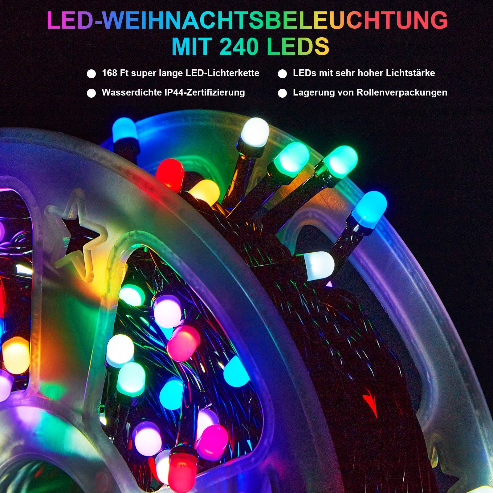 Rosnek LED-Lichterkette 50M, 240LEDs, Modi, Deko, für Weihnachtsbaum schwarzes 8 Garten Spulenverpackung wasserdicht, Multicolor Speicherfunktion, Kabel