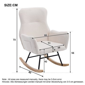 WISHDOR Schaukelstuhl Weißer Teddy Plüsch-Schaukelstuhl (Armlehnen mit Taschen), Massive Holzbeine - stabil und bequem