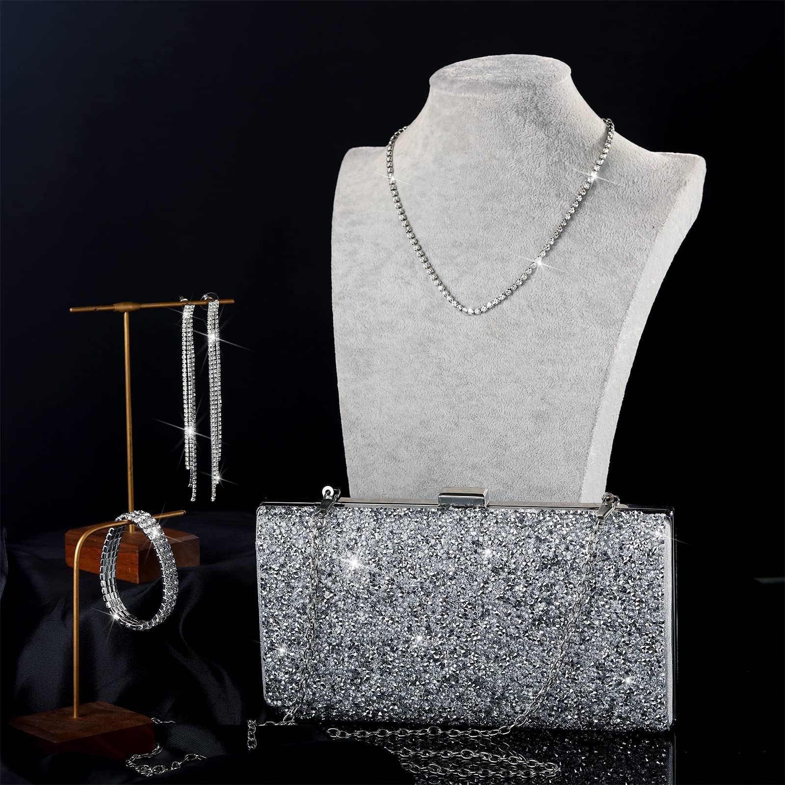 nsihing Schmuckset 3-teiliges Damen-Schmuckset, Hochzeitsschmuck-Set, Schmuckset mit Halskette, Armband und Abendtasche – Bild 2 von 5