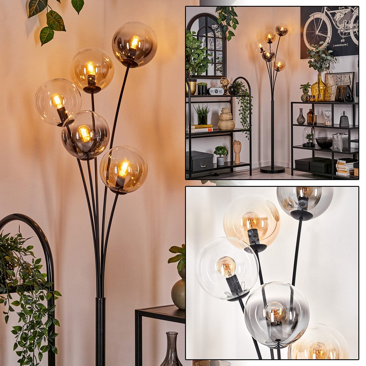 hofstein Stehlampe Stehlampe aus Metall/Glas in Schwarz/Bernstein/Rauch/Klar, ohne Leuchtmittel, Leuchte mit Glasschirmen(15cm), Schalter, 5xE14, ohne Leuchtmittel