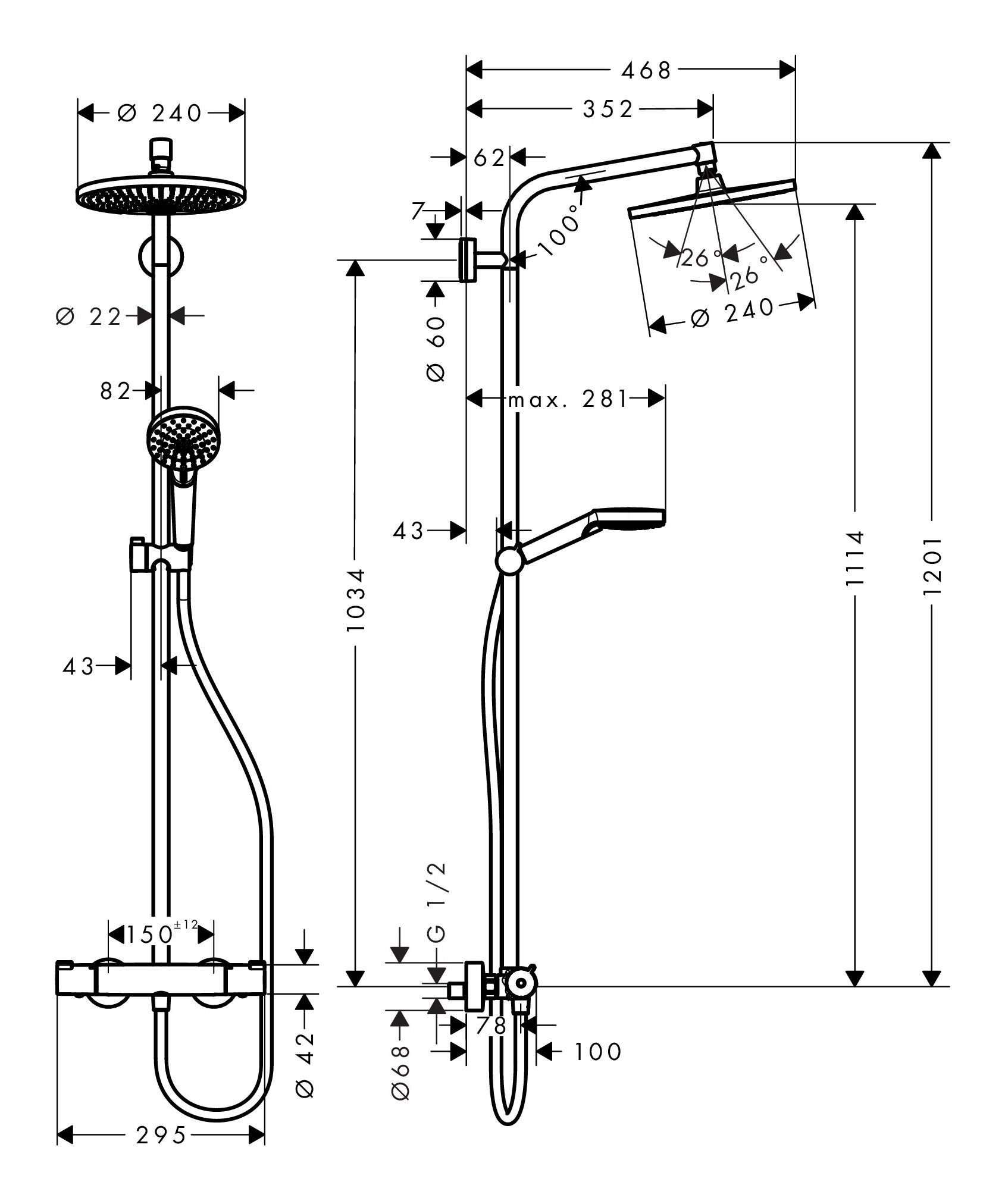 cm, hansgrohe Crometta - 1jet EcoSmart S 240 120.1 mit Höhe Duschsystem Chrom Showerpipe, Thermostat