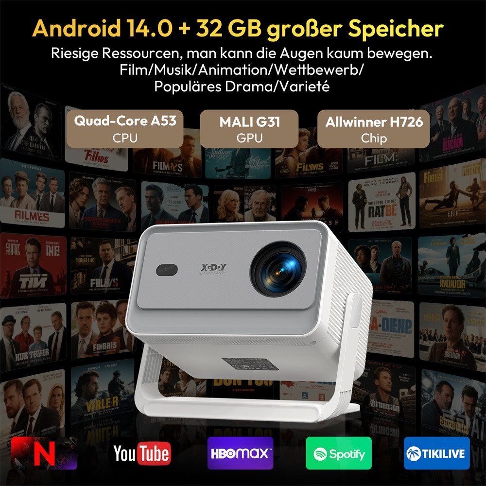 XGODY Gimbal A6 Pro Beamer (650 lm, 15000:1, 3840 x 2160 px, Native 1080P, 4K Unterstützt, Android 14, Autofokus, WiFi 6 & BT 5.4) – Bild 4 von 5