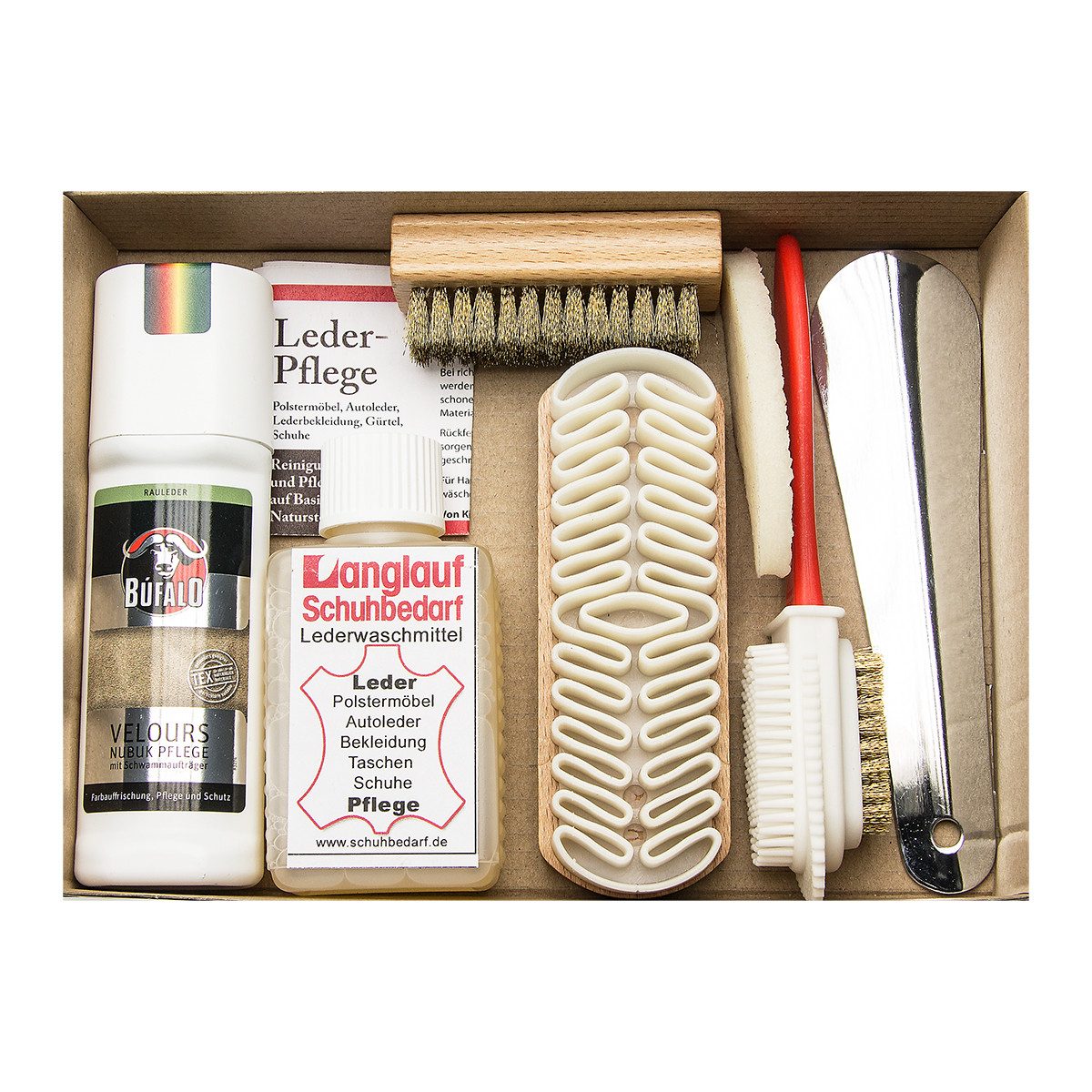 Langlauf Schuhbedarf 7tlg Pflegesortiment für Velour-Nubuk- und Wildleder Lederpflege (Schuhputzset, 7 St., geeignet für Rauhleder, Textilien und Tex-Materialien), Kreppbürste, Messingbürste, Schuhpflege, Schuhreingung