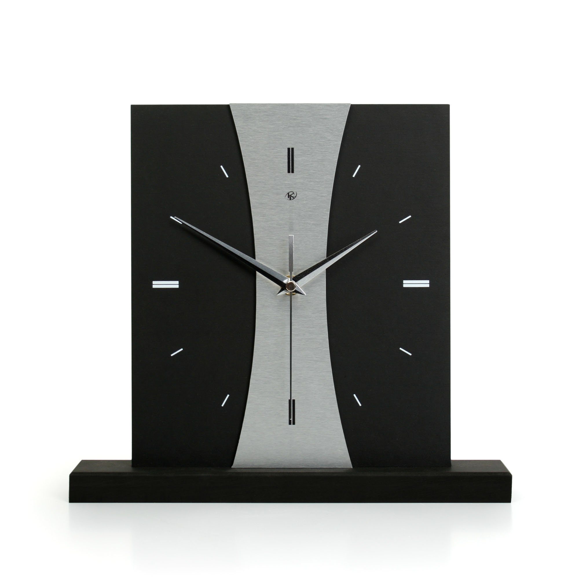 Kreative Feder Standuhr Designer-Standuhr „Stripe“ aus Holz, schwarze Tischuhr in modernem Metallic-Look ohne Ticken