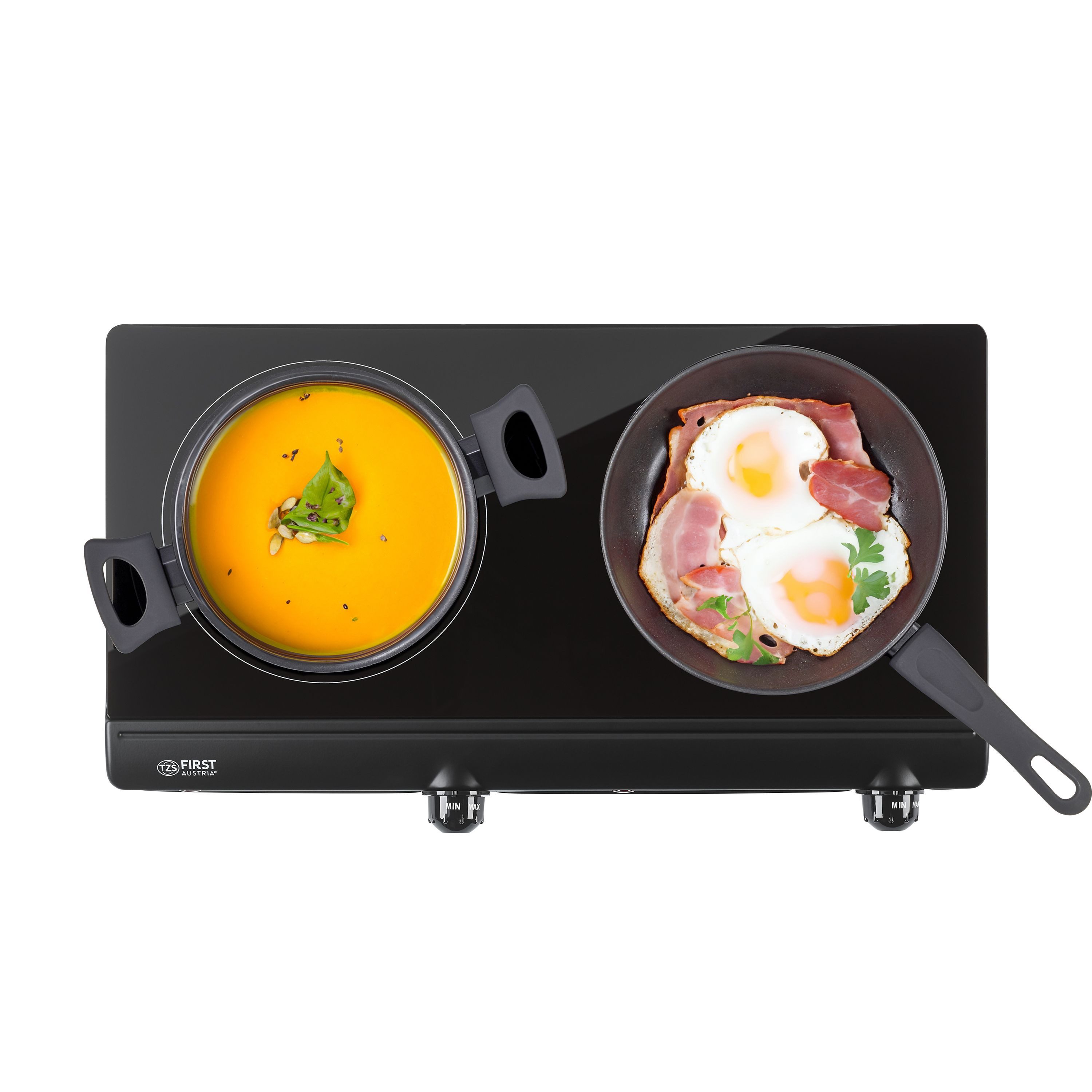 TZS FIRST AUSTRIA Doppelkochplatte 2500W, Infrarot, einstellbare Thermostatsteuerung, Glaskeramik, 2x150 mm Kochzonen, Überhitzungsschutz, manuelle Bedienung
