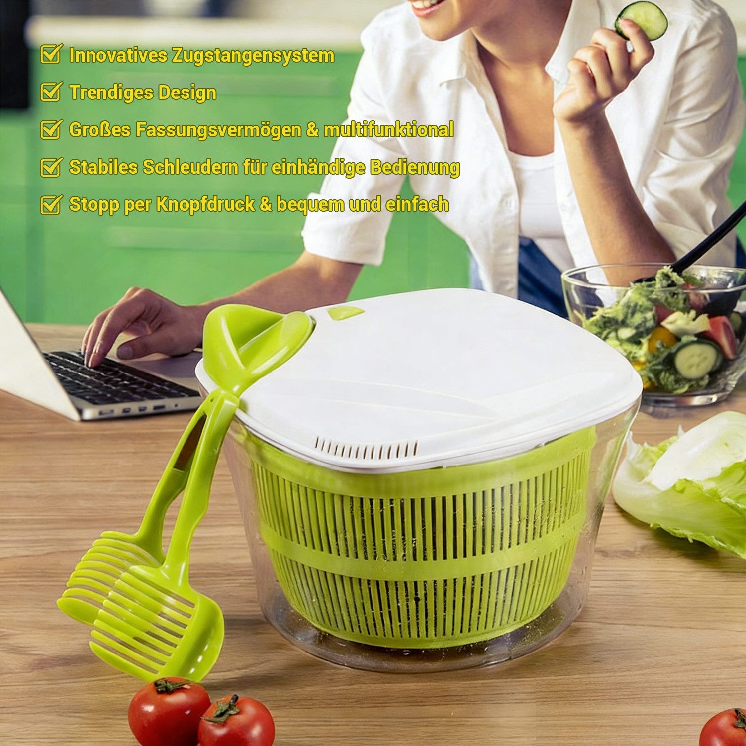 Elegear Salatschleuder Salatentwässerer Spinderella, 5 Liter, ø 24,5 cm, Kunststoff BPA-frei, (1-tlg), herausnehmbarer Siebeinsatz, Deckel & Stopp-Knopf, mit Sc – Bild 5 von 5