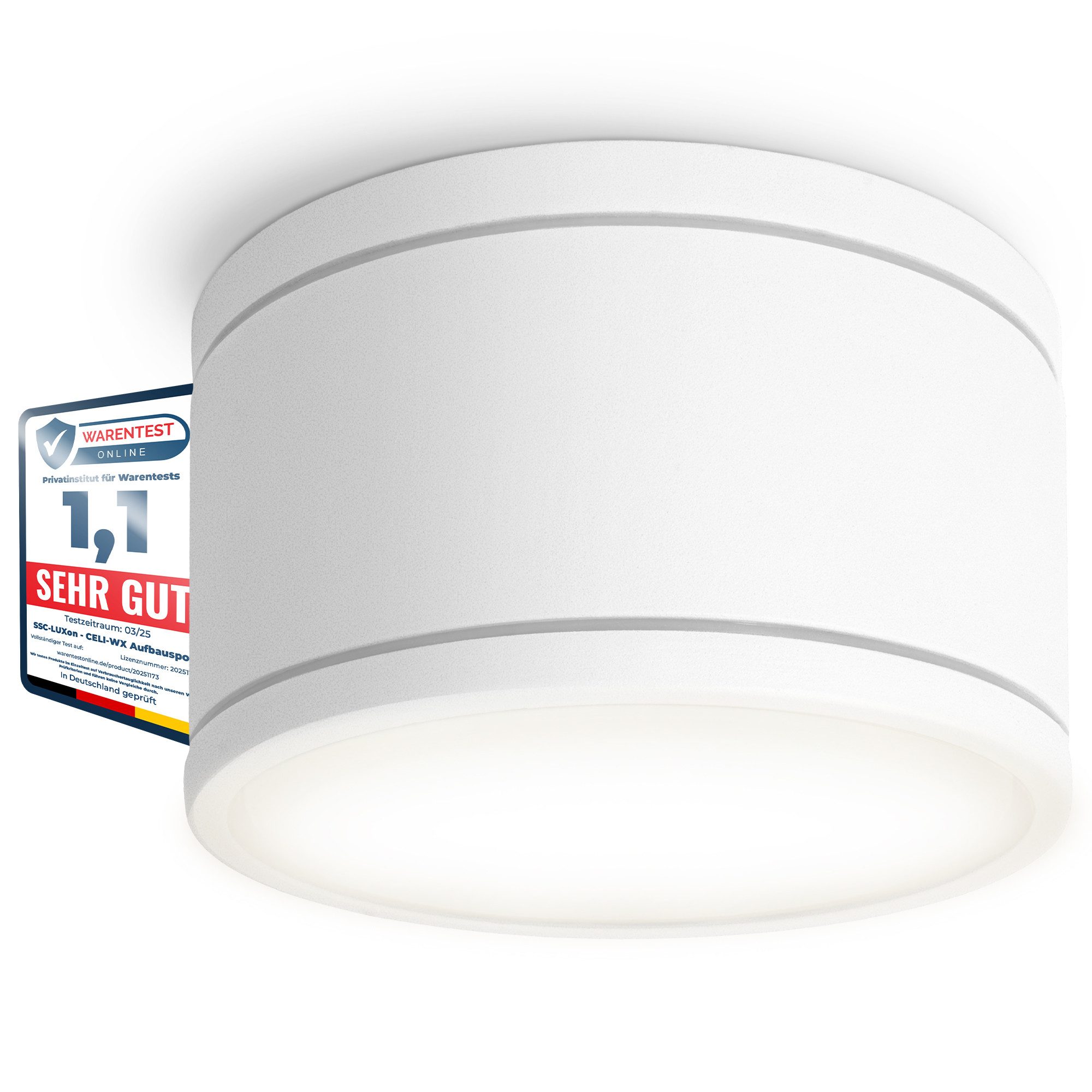 SSC-LUXon LED Außen-Deckenleuchte CELI-WX Aufbauspot flach weiss fuer Bad, Aussen IP44 mit LED GX53 6W, Neutralweiß