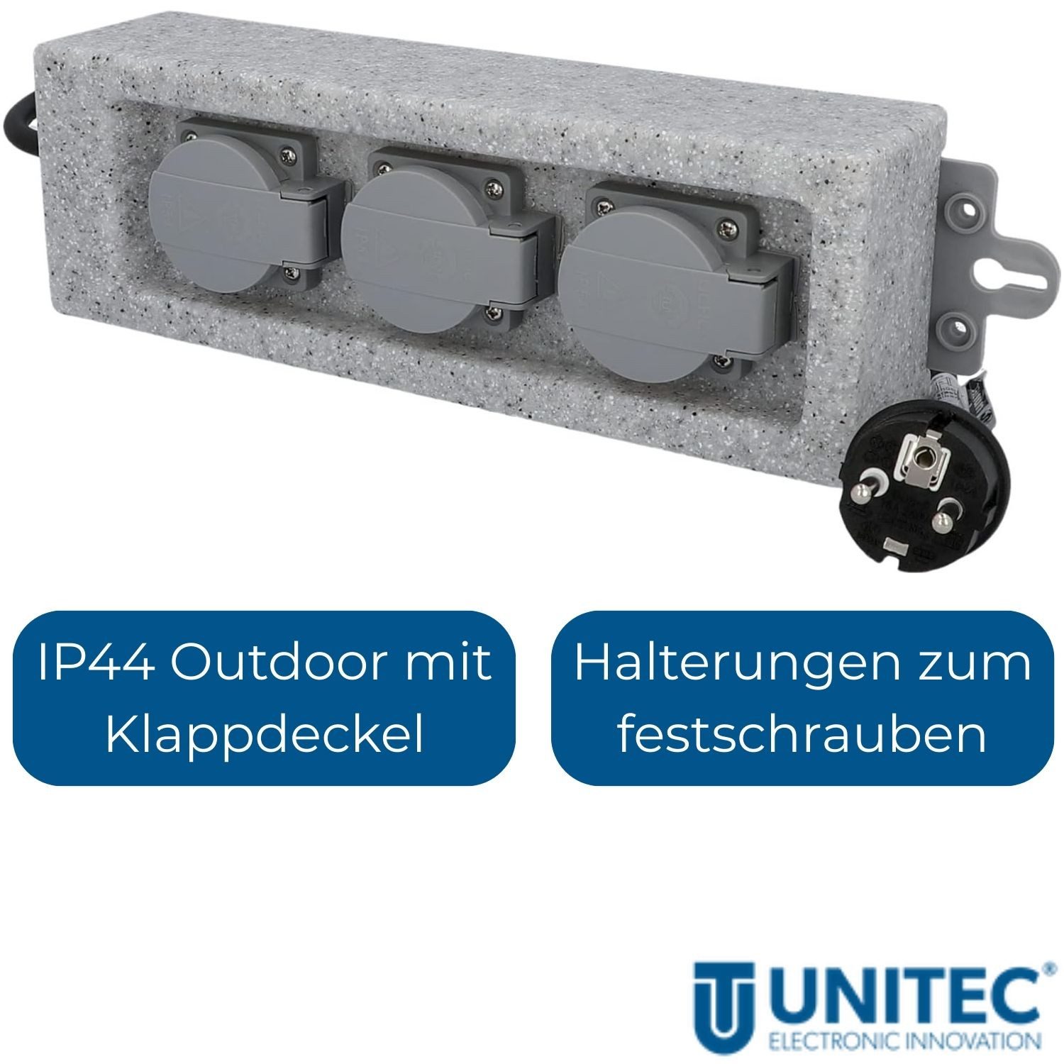 UNITEC Gartensteckdose Steckdosenleiste IP44 Outdoor 3-Fach Stein-Optik, Mehrfachsteckdose Wandsteckdose Außensteckdose Garten-Steckdose