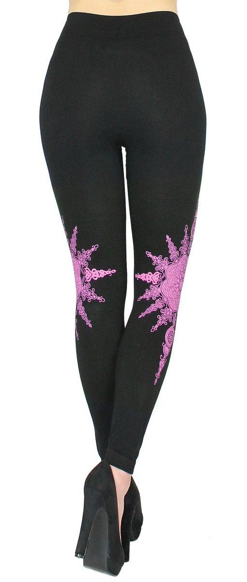 Mandala elastischem Highwaist dy_mode mit Leggins Bund JL103-Pink Schwarz mit Druck Leggings Leggings Damen Blumen Muster