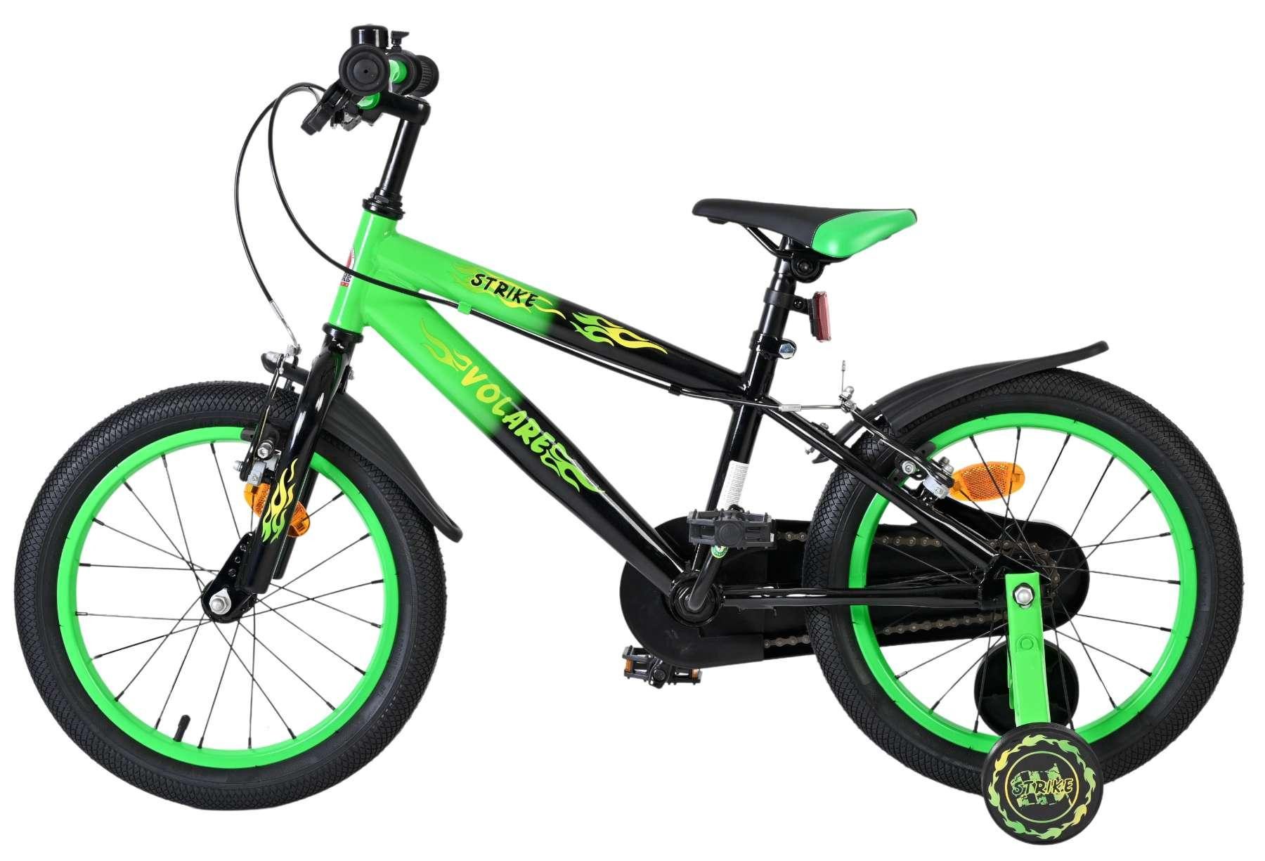 Volare Kinderfahrrad Strike 16 Zoll Jungen Schwarz Grün mit zwei Handbremsen, Zwei Handbremsen, Keine Rücktrittbremse, Abnehmbare Stützräder