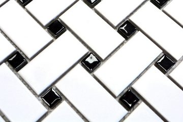 Mosani Mosaikfliesen Rechteckiges Keramikmosaik Mosaik weiß mit schwarz matt / 10 Matten