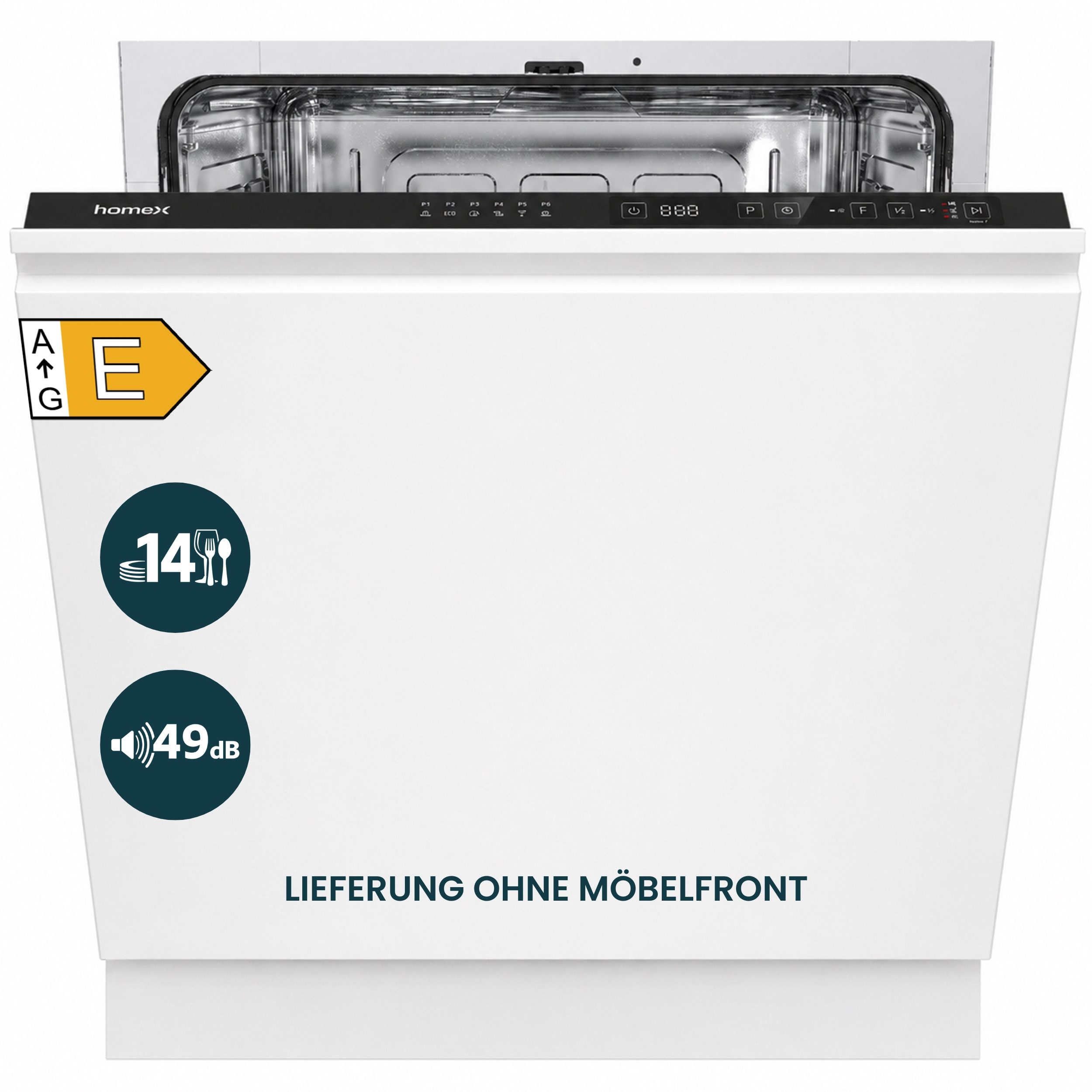 homeX vollintegrierbarer Geschirrspüler DWFI601449E, 12 l, 14 Maßgedecke, Einbau Spülmaschine vollintegriert 60 cm, 6 Programme, AquaStop, 49 dB