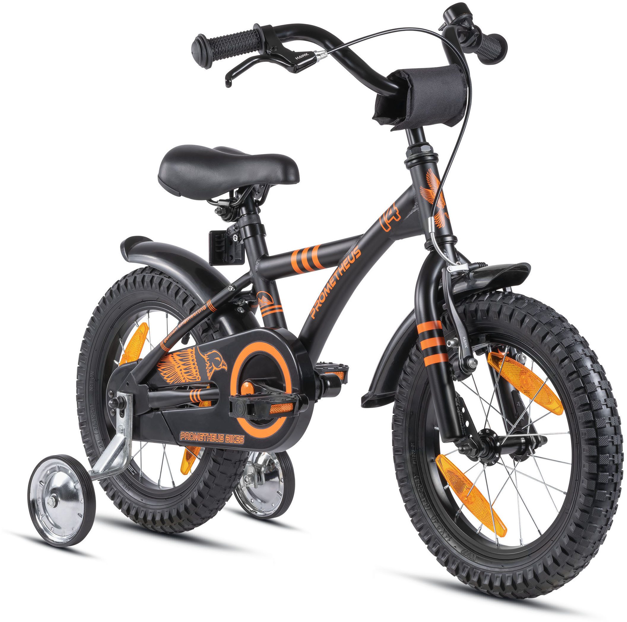 PROMETHEUS BICYCLES Kinderfahrrad HAWK 14 Zoll ab 4 Jahre, 1 Gang, Junge Mädchen Fahrrad Kinder mit Rücktrittbremse Stützräder