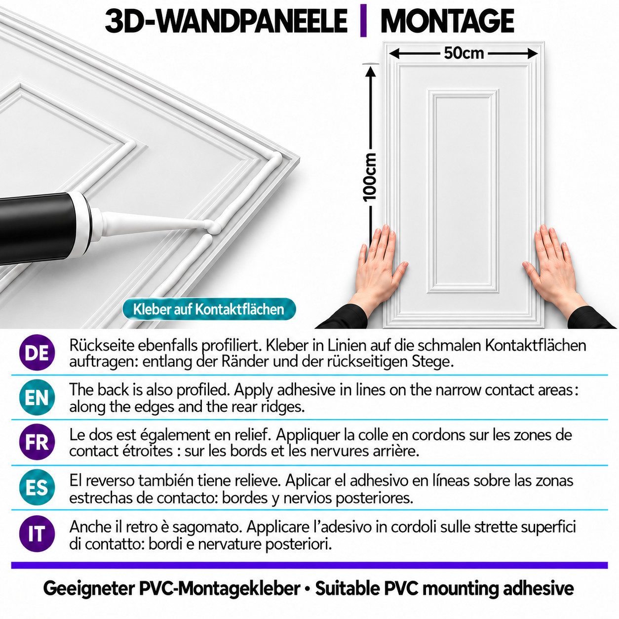 IKHEMalarka 3D Wandpaneel PVC Kunststoff Paneelen Wandverkleidung, BxL: 50x100 cm, 0,5 qm, (100x50cm, Einzelpaneel) Italienisches Design, Wasserfest, Stoßfest! – Bild 5 von 5