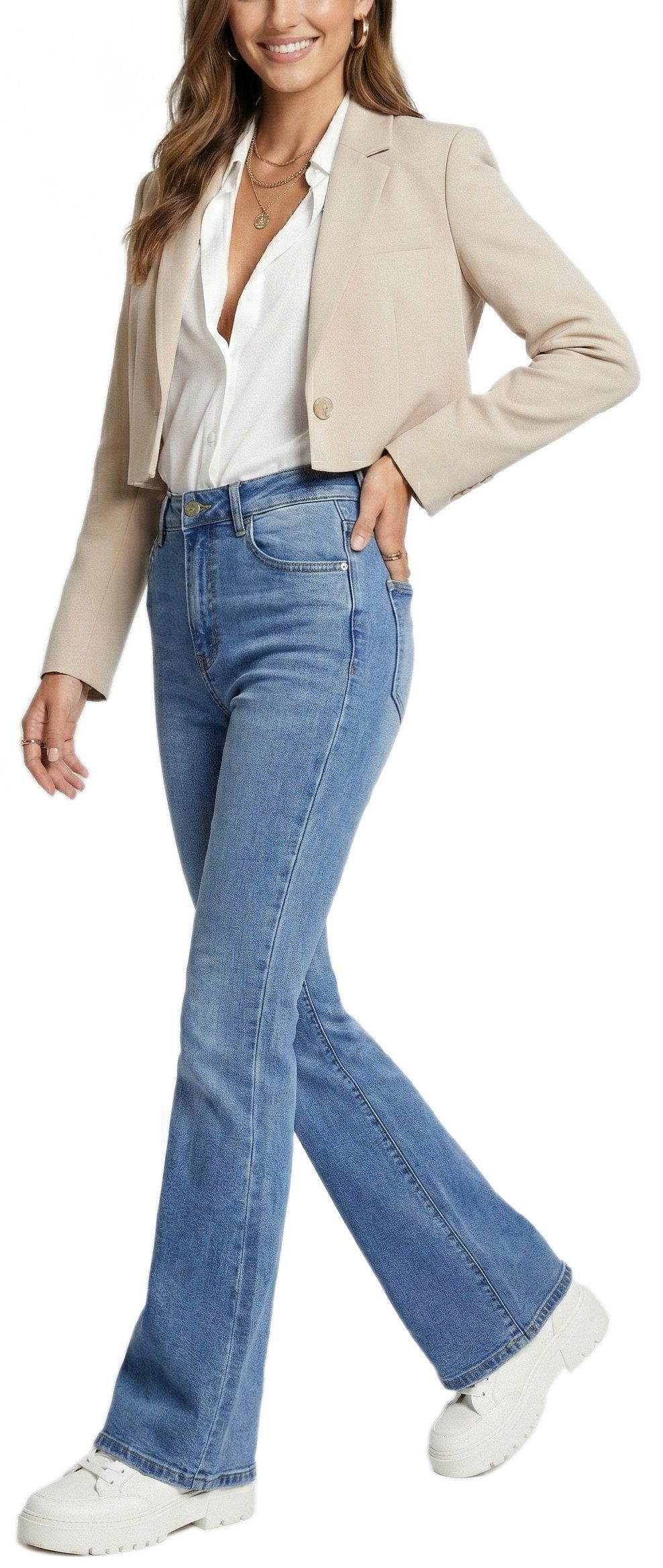 dy_mode Schlagjeans Damen Schlagjeans High Waist Trendige Schlaghose Flared Jeans High Waist, im Flare-Cut