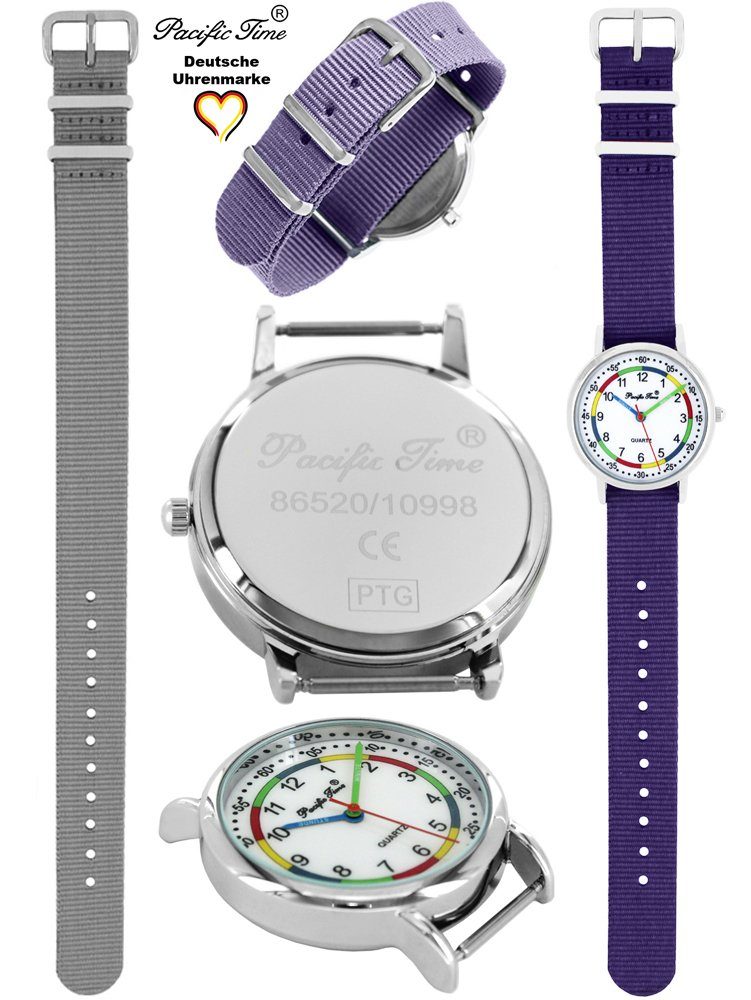 Pacific Kinder violett und Armbanduhr grau Time - Gratis Design Wechselarmband, First Lernuhr Mix Quarzuhr Match Set und Versand