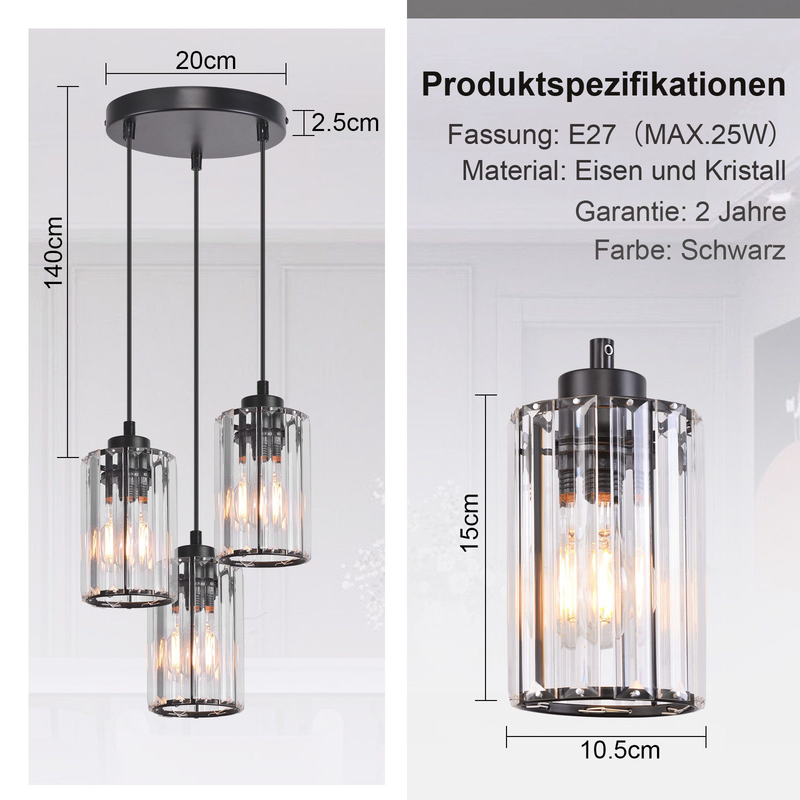 ZMH Pendelleuchte Esszimmer Schwarz 3 Flammig Modern Kristall Hängeleuchte Treppenhaus, Hochwertige Design, ohne Leuchtmittel, Höhenverstellbar für Hotel Büro V – Bild 4 von 5